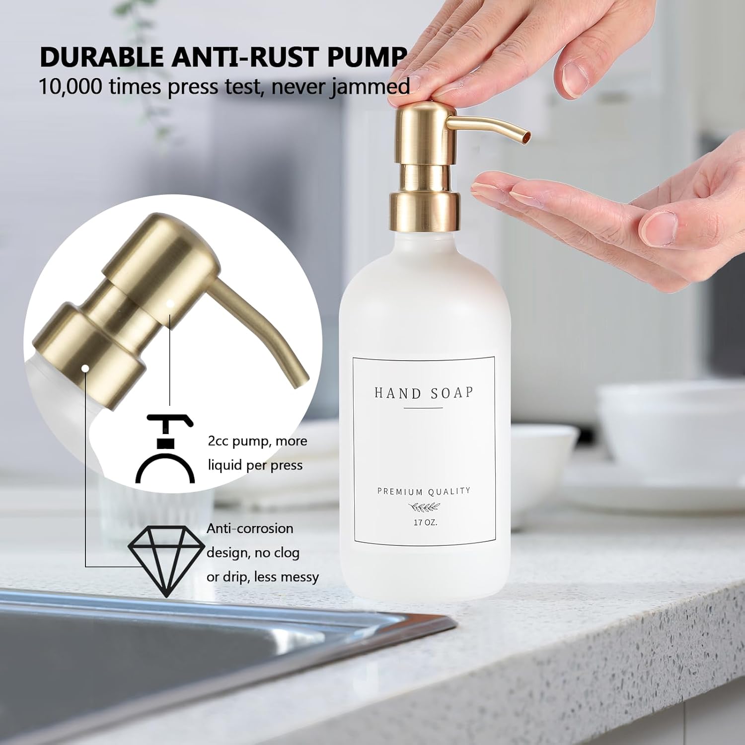Thick Glass Soap Dispenser - Kitchen Dish Hand Soap Dispenser Set,Rustproof Pump Soap Lotion Dispenser Bathroom with Tray,14 Stickers for Kitchen Decor White Bottle/Gold Pump