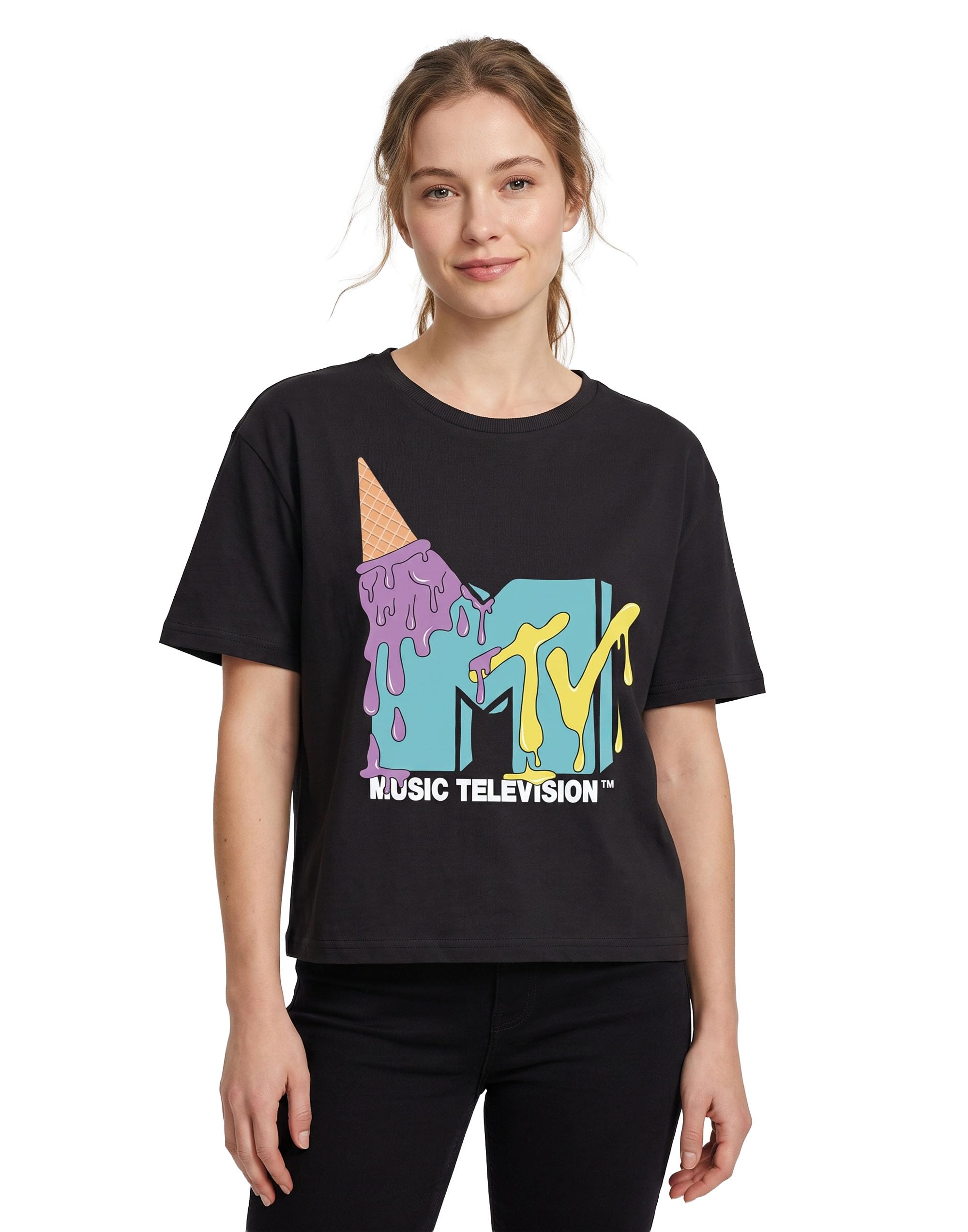 Mtv Women's Black Cropped Short Sleeved T-Shirt | | Official Merch | Size: 3XL