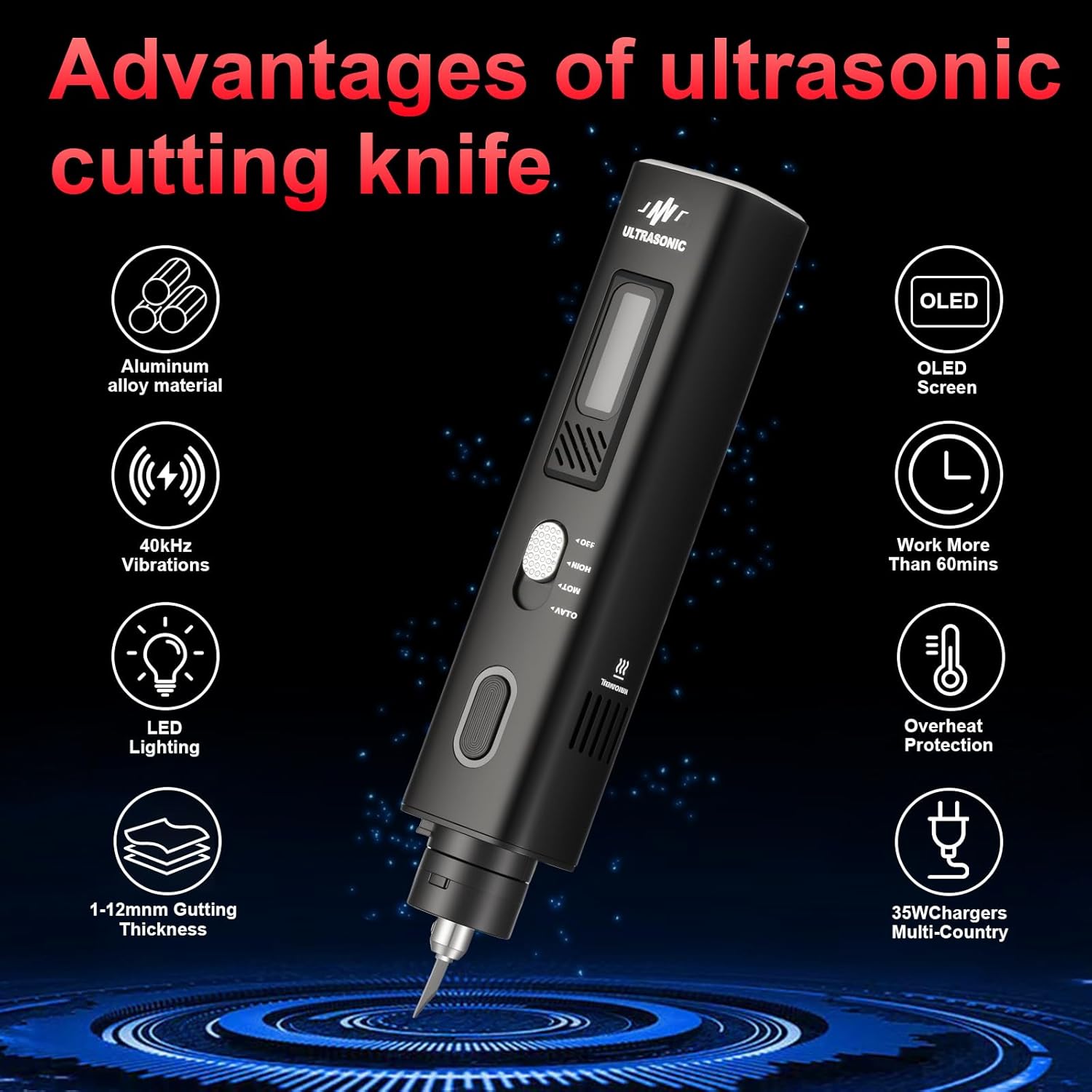 40kHz Ultrasonic Cutter Knife Includes 50 Replacement Blades, 35W Adapter, OLED Display - Multifunctional Sonic Knife for 3D Prints, PVC, Leather, Plastic, Resin