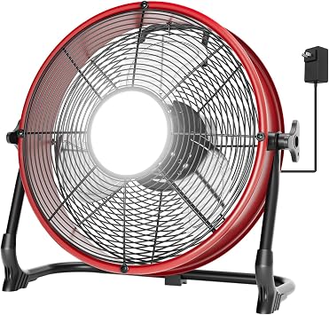 T-SUN 12" Battery Power Floor Fan with 1000LM LED Light, Compatible with Milwaukee Battery, Outdoor Floor Fan Stepless Speed, Cordless Fan Metal High Velocity for Jobsite, Workshop, Garage, Camping