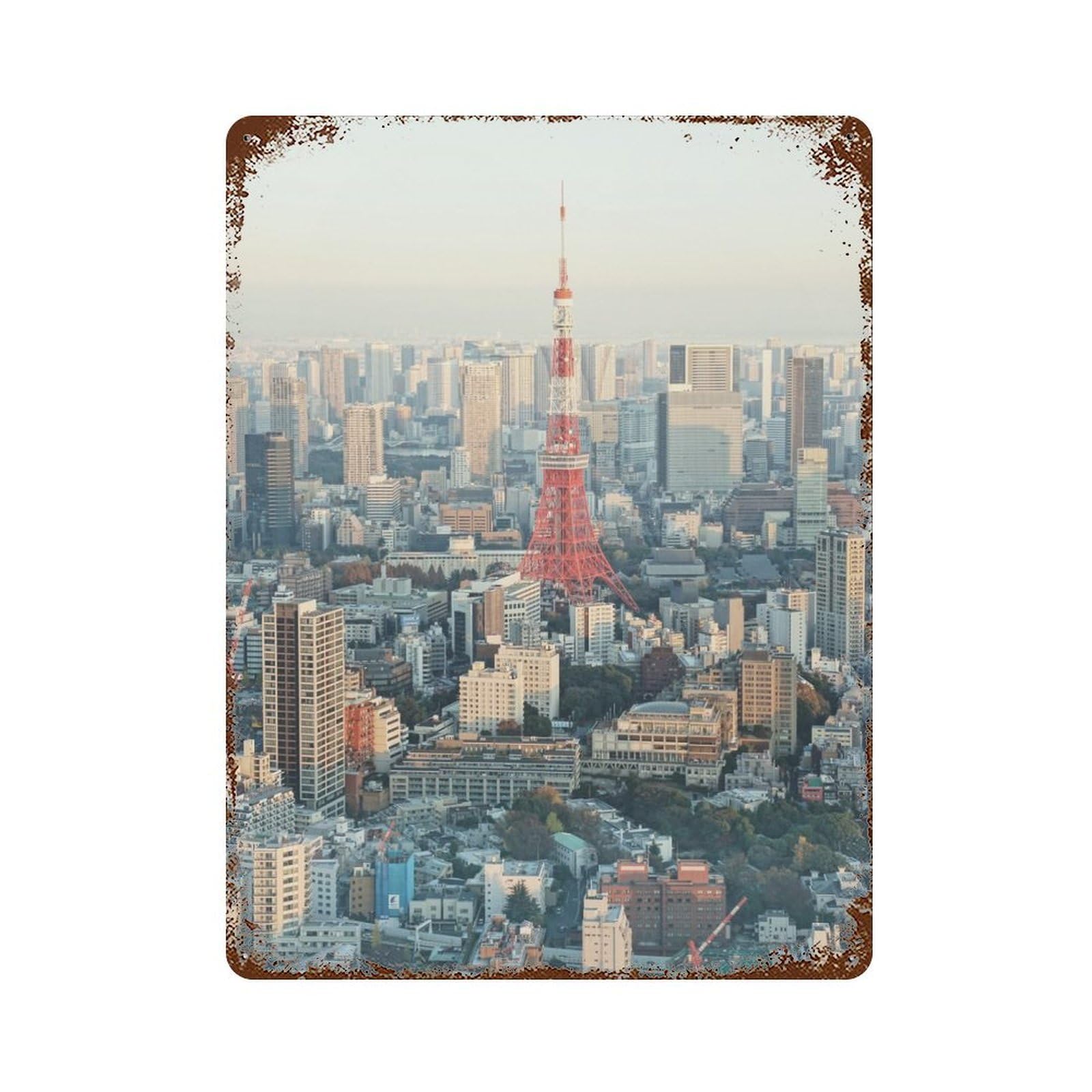 Tokyo Tower Skyline Rusty Metal Tin Sign 15.7"x11.8", Ideal for Farmhouse, Kitchen And Entryway Decor