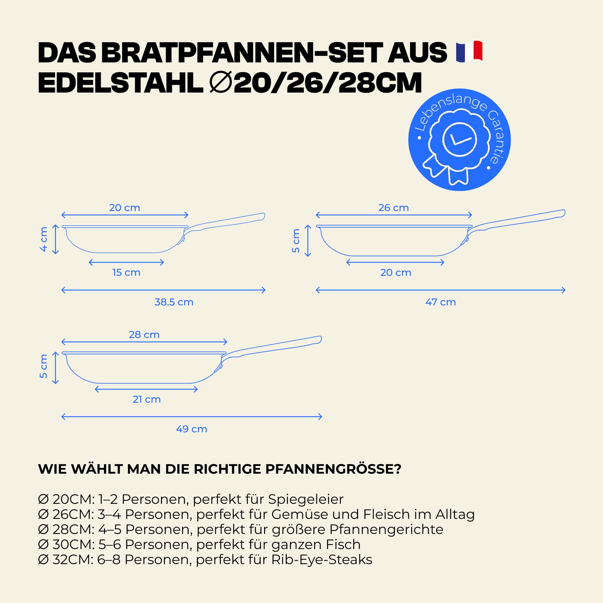 Atma - 3er Set Pfannen Edelstahl 20/26/28 cm - 3-lagig - PFAS- & PTFE-frei