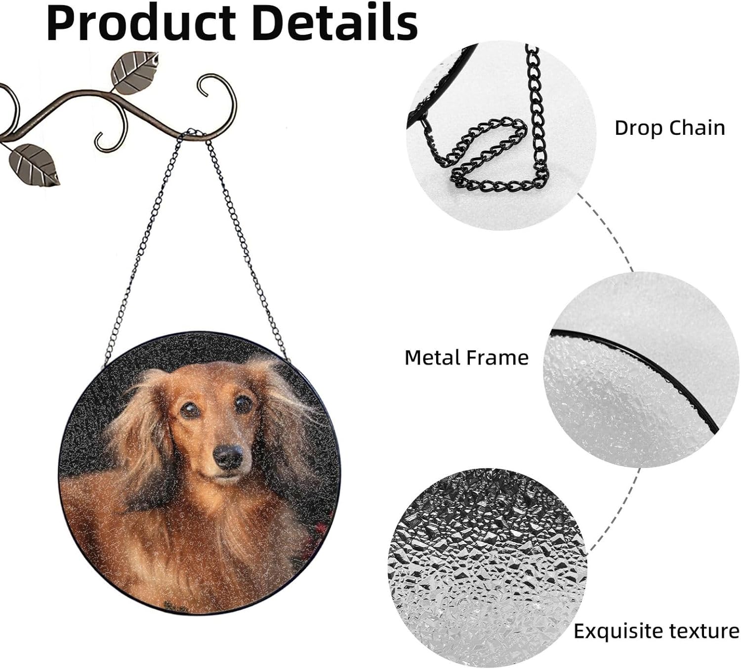 Stained Glass Window Hanging 6in（15cm）, Long haired Dachshund Glass Suncatcher for Home Decor, Indoor Wall Art Glass Panel with Metal Chain and Hooks, Sun Catcher Ornament Birthday Gifts
