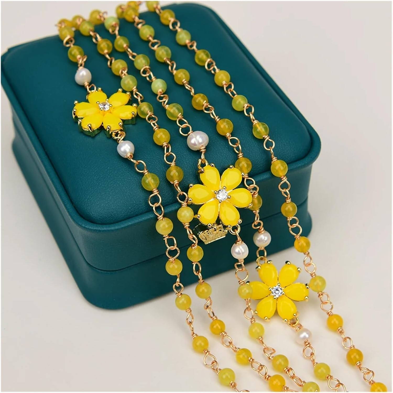 8'' 5 Rows White Pearl Lemon Quartz Yellow Jade Crystal Pave Flower Chain Wrap Bracelet For Lady