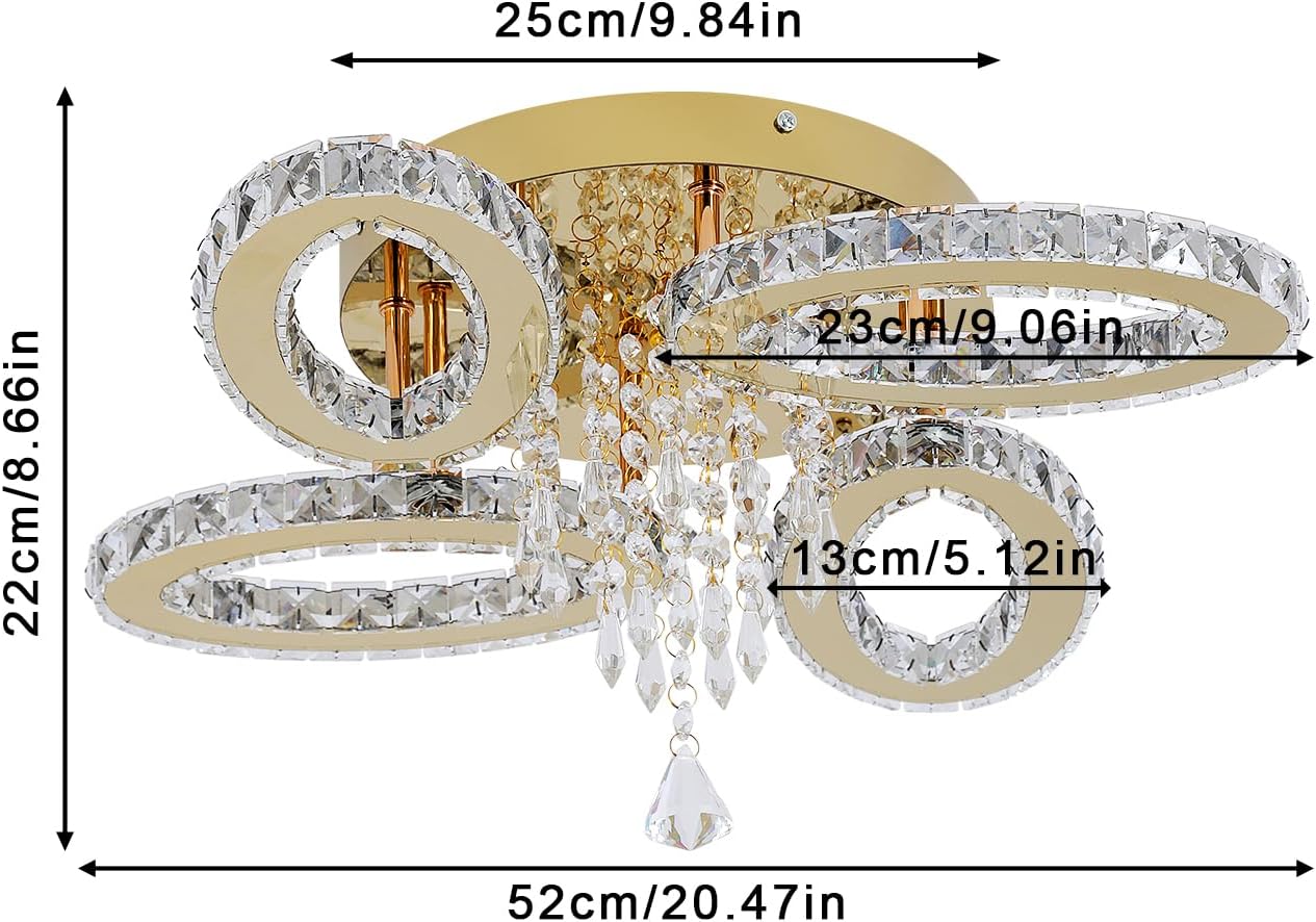 VETRULUS Modern Crystal Chandelier LED 4-Oval Gold Flush Mount Lighting Fixture, Tri-Color Ceiling Lamp for Bedroom, Kitchen, Dining Room, Living Room