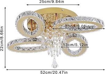 VETRULUS Crystal Chandelier Gold Flush Mount Light Modern Home Tri-Color [Energy Class F]