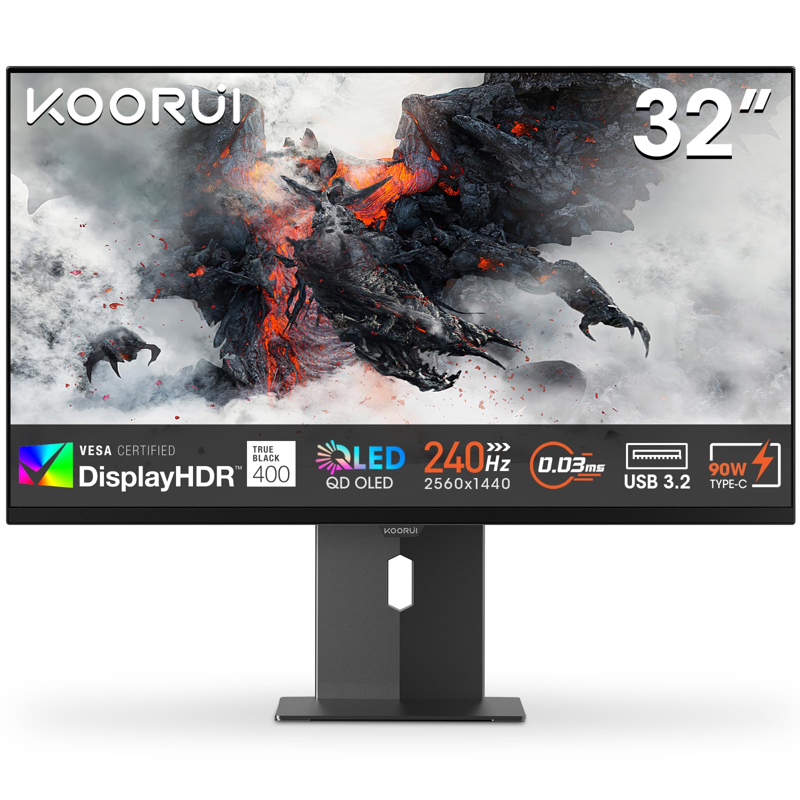 KOORUI S3241XO 32 Pollici Gaming Monitor, UHD 2160p Computer Monitors 4k, QD-OLED, UHD 240Hz, 0.03ms, HDMI(2.0)*2, Sync Adaptive, VESA (100mm*100mm), Eye Care, Inclinazione Regolabile, Girevole