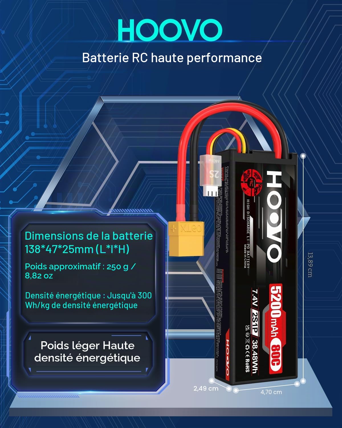 HOOVO 2S Batterie LiPo RC 7,4 V 5 200 mAh 80 C Étui Rigide avec connecteur XT60 Batterie de Rechange pour RC Car Truck Heli Avion Rock Crawler Avion Hélicoptère RC Car Truck Boot (2 Paquets)