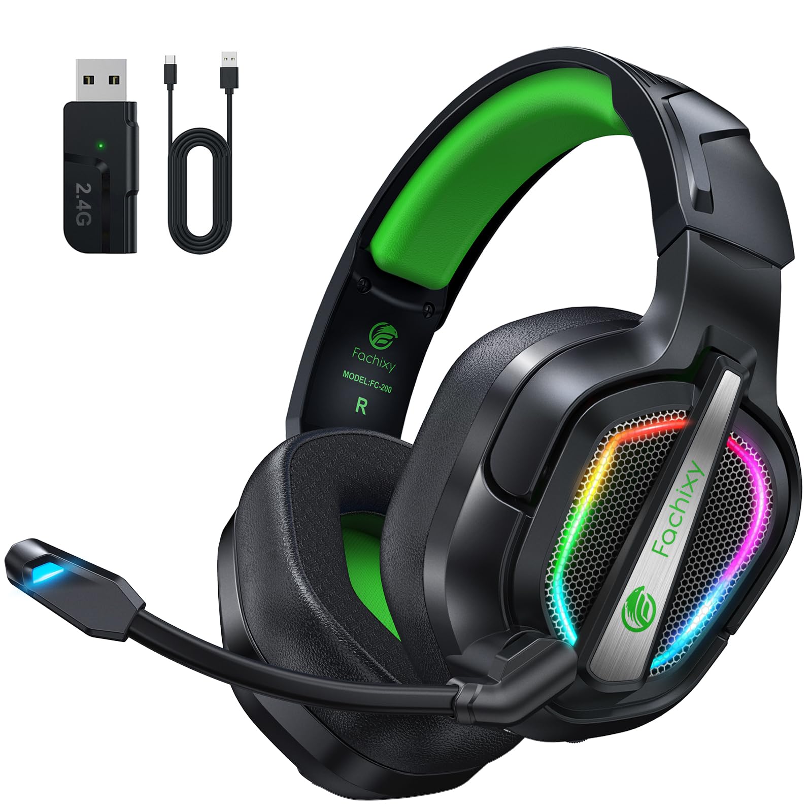 Fachixy FC200 Wireless Gaming Headset, 2.4GHz Bluetooth 5.4 Headset mit Mikrofon für PS5, PS4, PC, Switch, Gaming Kopfhörer Kabellos, Geringe Latenz Noise Cancelling, mit LED Licht, 50H Akkulaufzeit