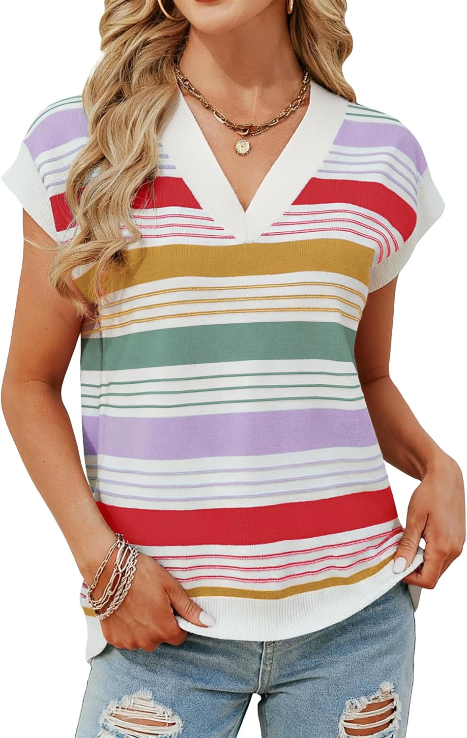 Womens Cap Sleeve Sweater Vest Striped Color Block V Neck Sleeveless Tank Top Loose Summer Sweater Vest Tops - Image 2