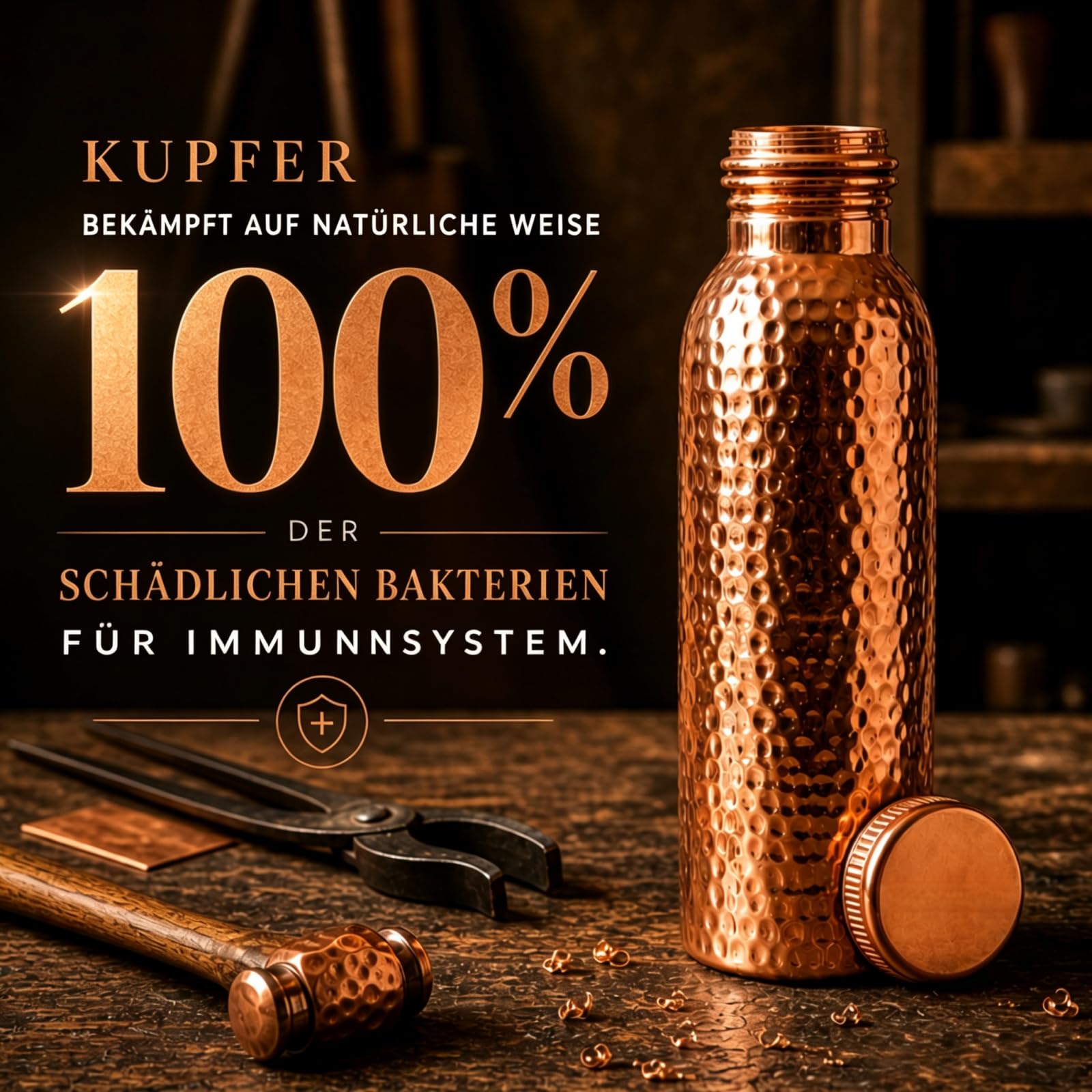 MEIION Alma Pure Kupferflasche,Handgefertigt,Antimikrobiell | 99,99% Reine Gehammerte Kupfer Wasserflasche 800 ml,Auslaufsicheres Nahtloses Design,Keine Innenbeschichtung