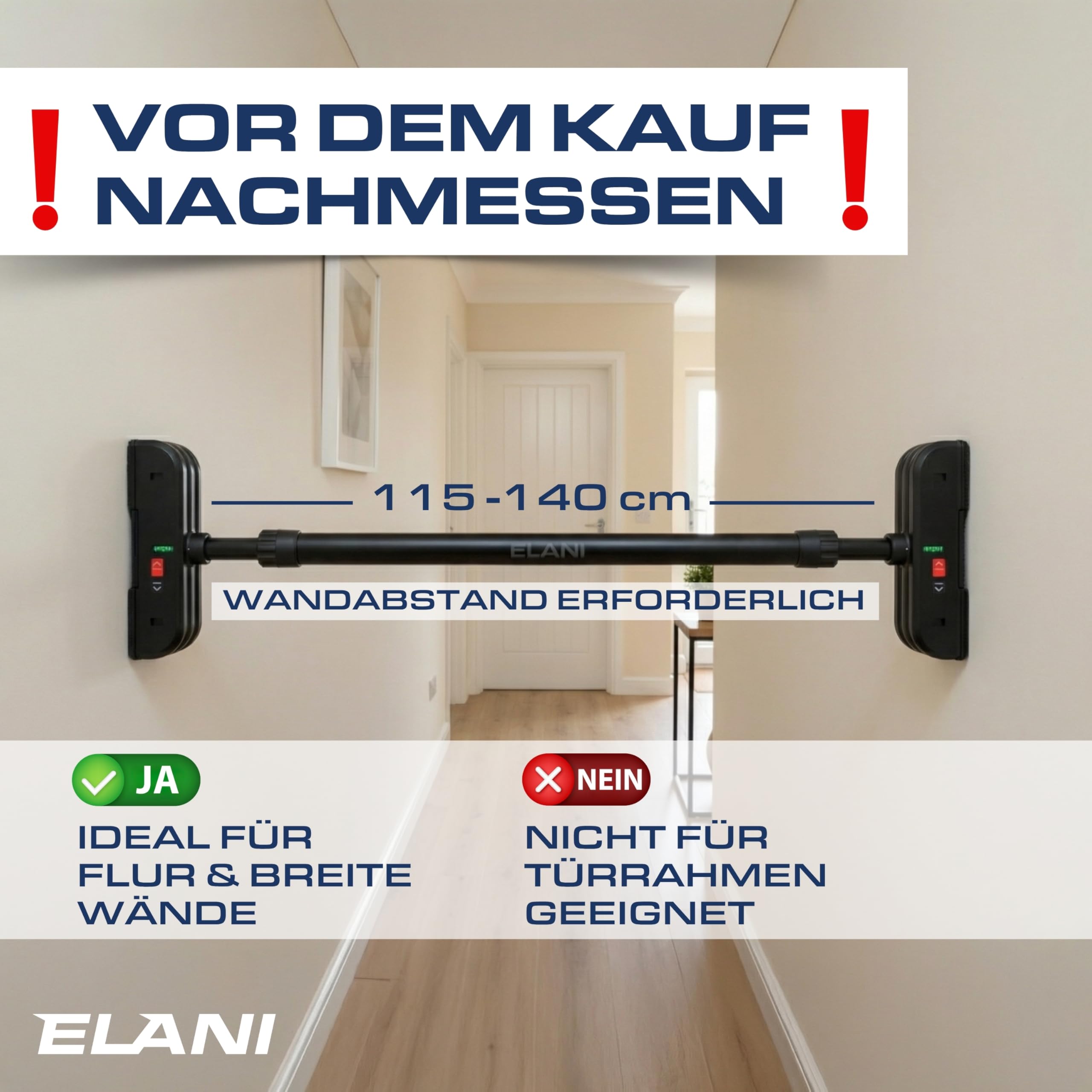ELANI – Klimmzugstange Wandmontage 115–140 cm | Ohne Bohren | Mit Wasserwaage & sicherem Halt | Pull Up Bar für Flur, Decke & Indoor | Reckstange für Klimmzüge und Training zuhause