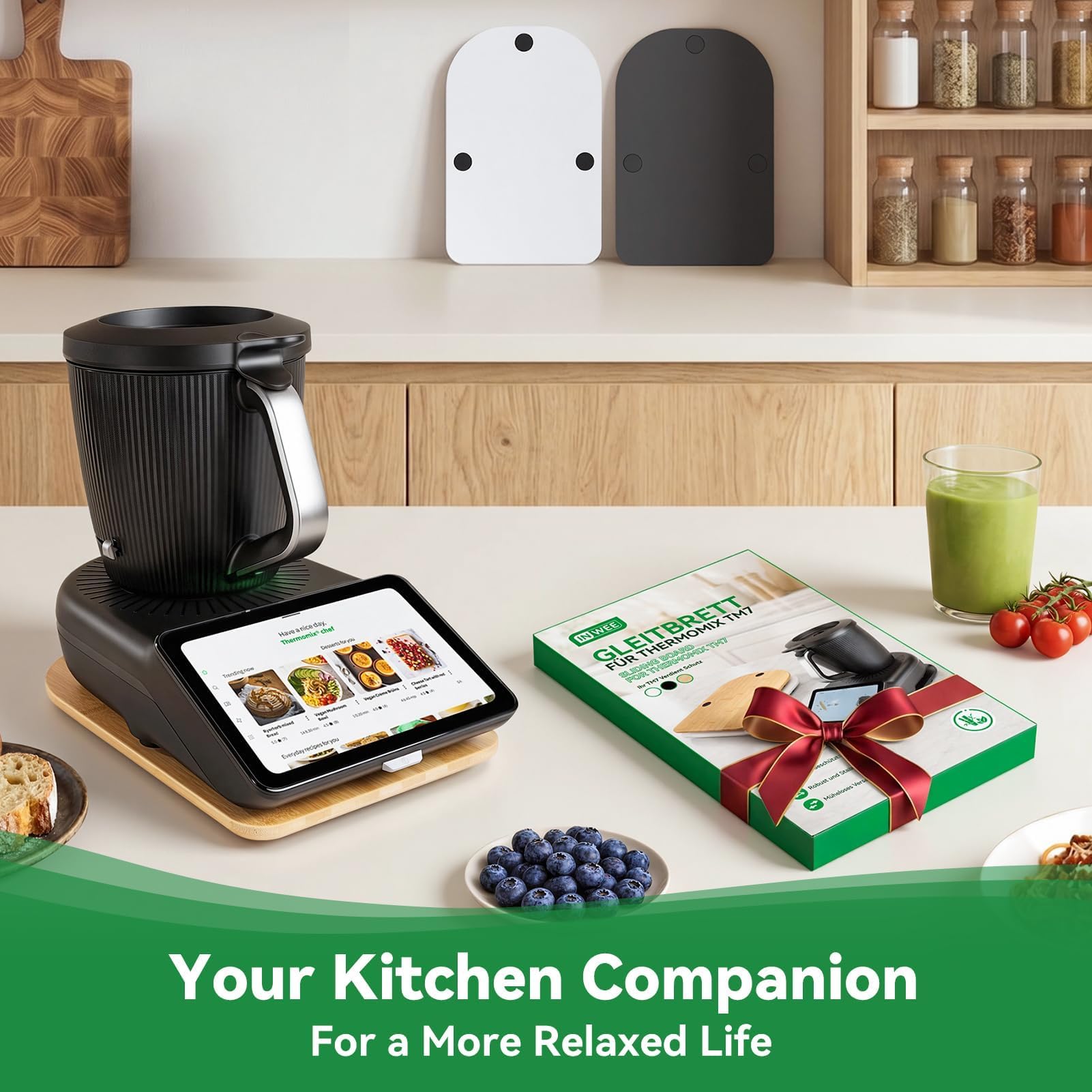 Deska Ślizgowa do Thermomix TM7 z 3 Wycięciami na Chwyt, Deska do Thermomix z Kółkami z Bambusa 15 mm, Stabilna Podstawka Przesuwna na Blat Kuchenny Łatwa w Przesuwaniu, Bambus