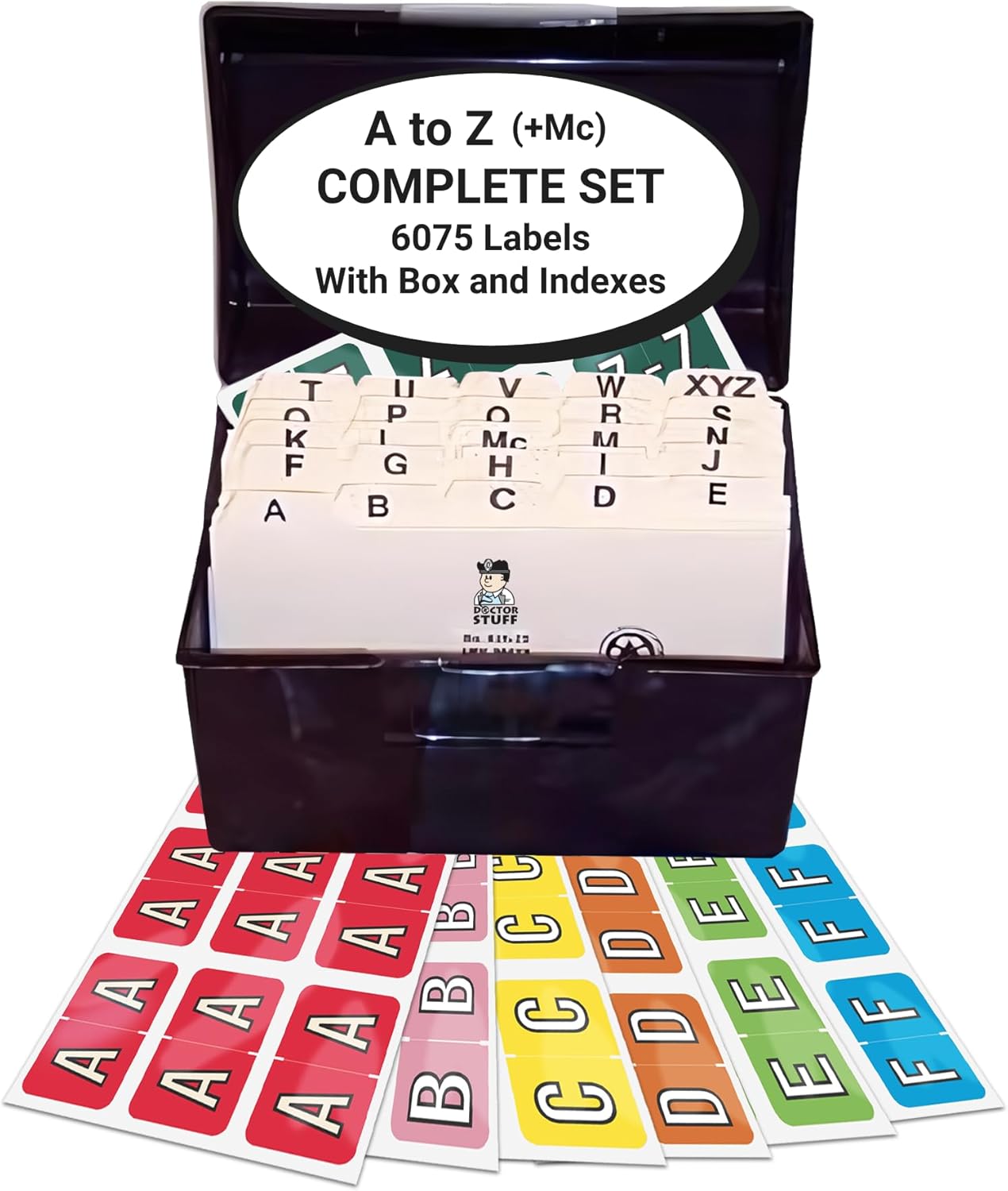 Alphabet Labels for File Folders, A to Z Plus Mc Complete Set with File Box and Indexes, Doctor Stuff, 225 Stickers of Each Letter, 6075 Labels, Barkley/Sycom FABKM - BRAM Series Compatible Stickers