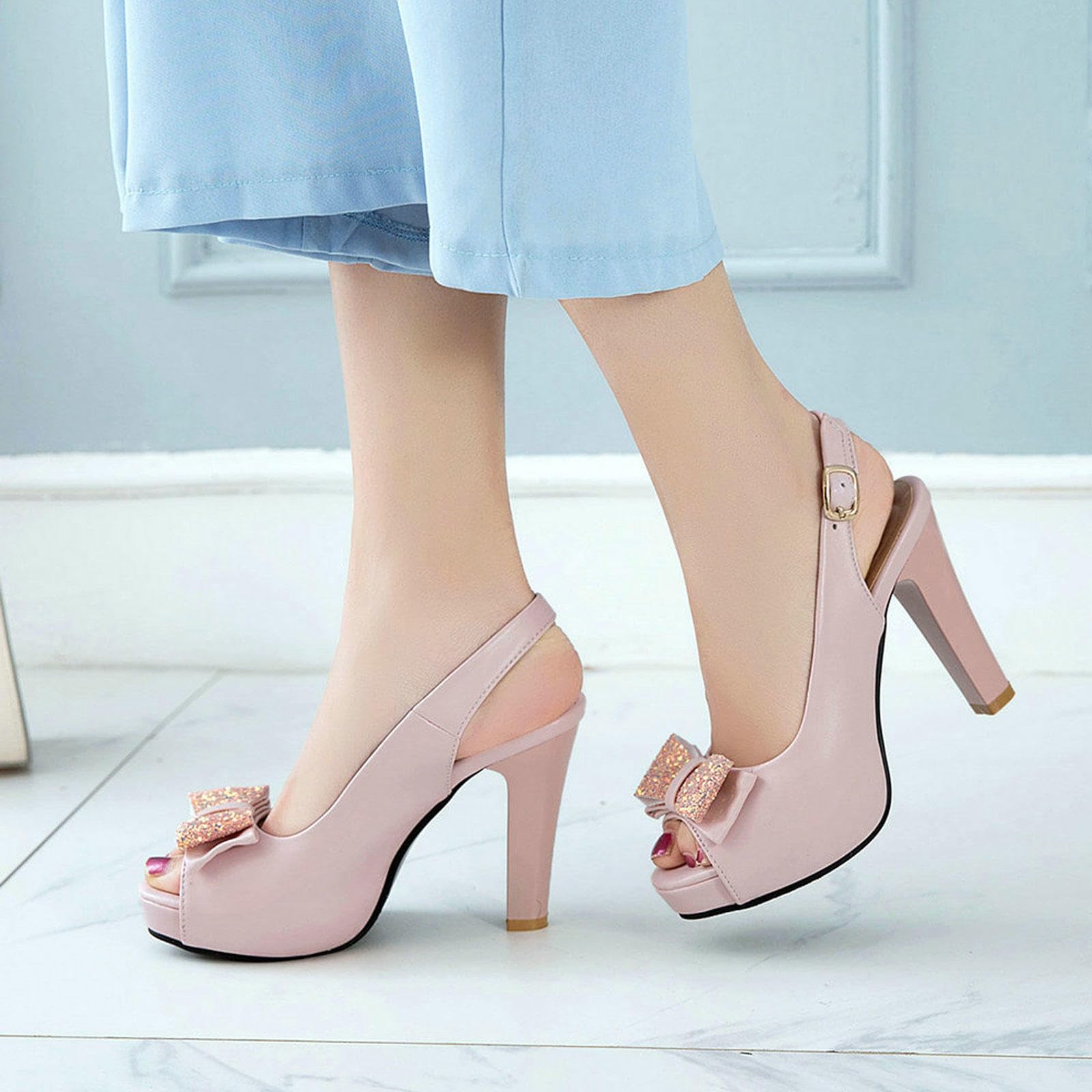 Talons Hauts Femmes Plateforme Bout Ouvert Nœud Sandales Talons Épais Bride Cheville Escarpins Arrière Mariée Chaussures Soirée 10cm,Pink-34