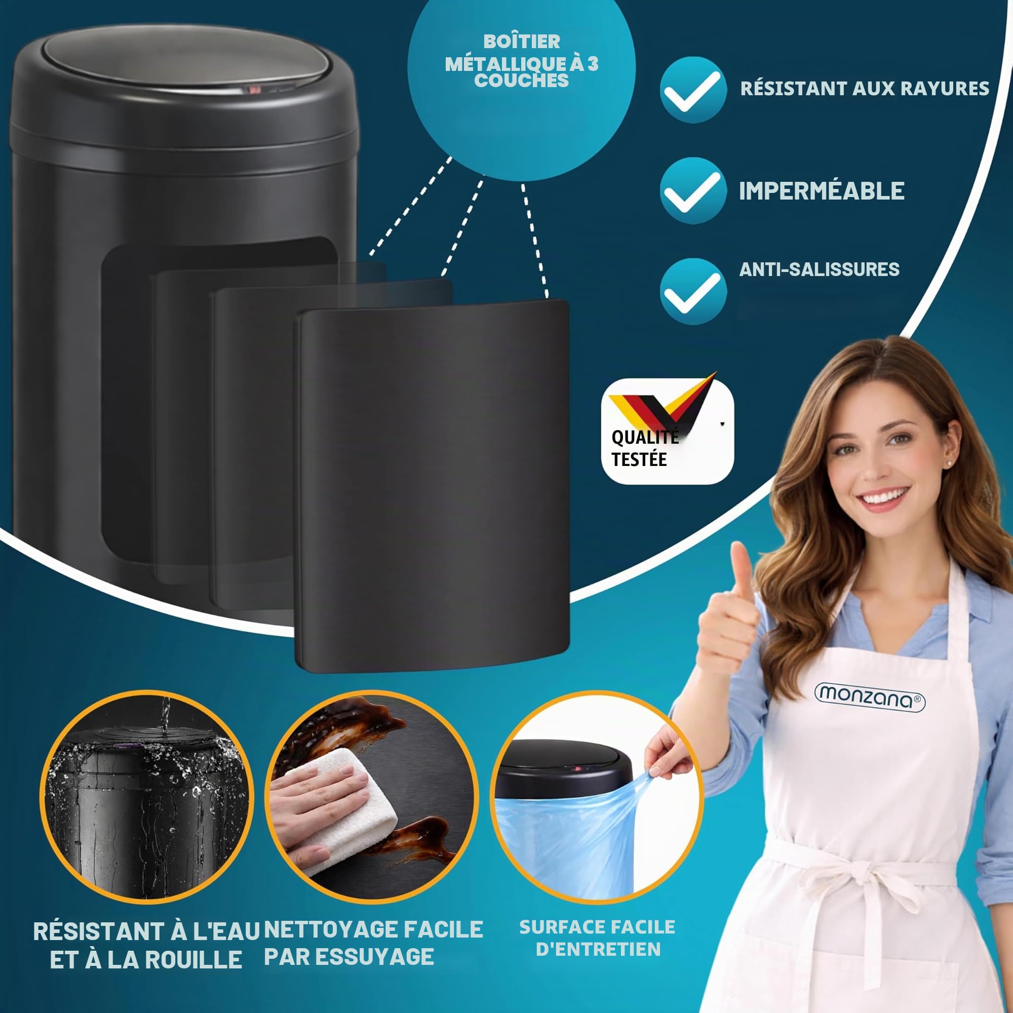 Poubelle automatique acier inoxydable 30L capteur mouvement imperméable sans contact LED USB noir
