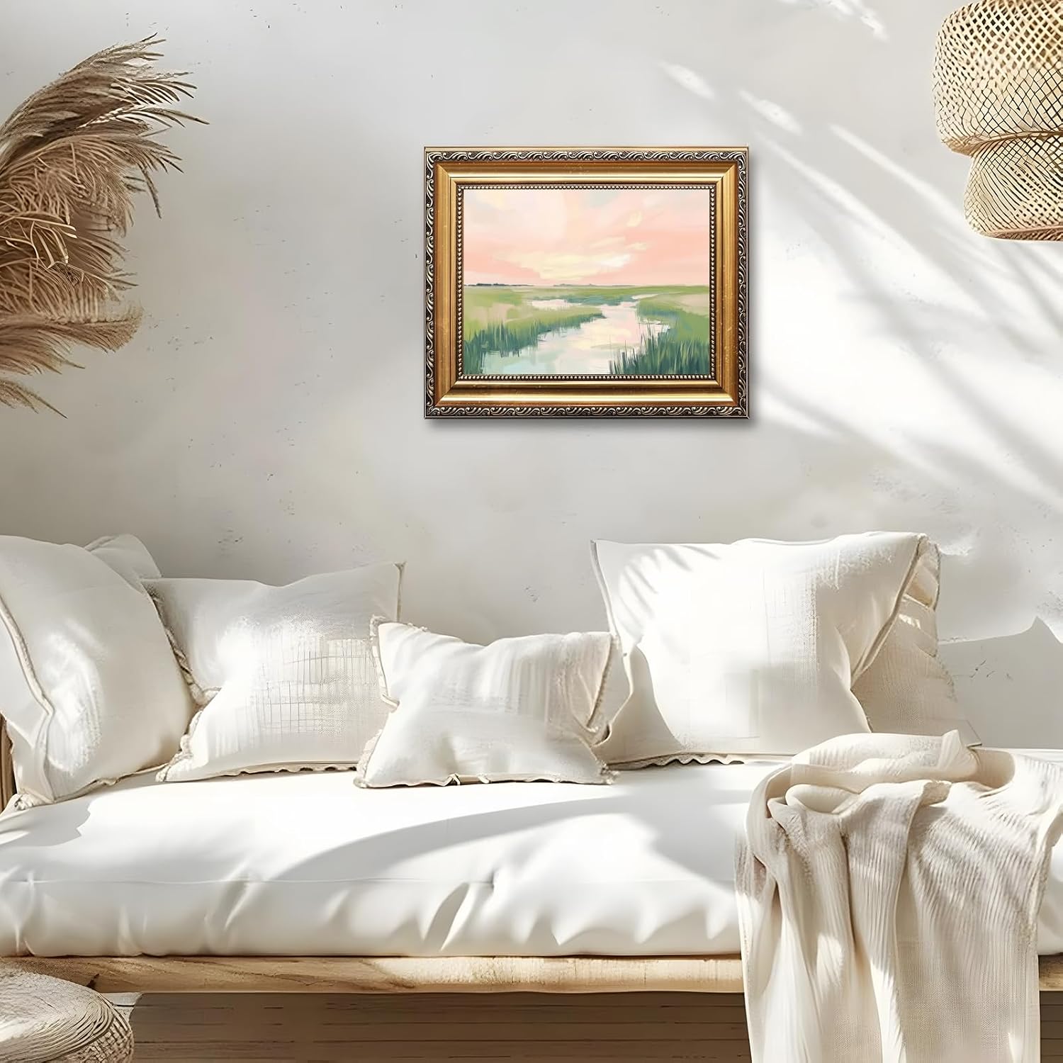 Large Framed Pink Sky Wetland Impressionist Landscape Canvas Wall Art Vintage Marsh Oil Painting Poster Modern Serene Pastel Nature Artwork Prints for Bedroom Meditation Space Decor 24x36inch
