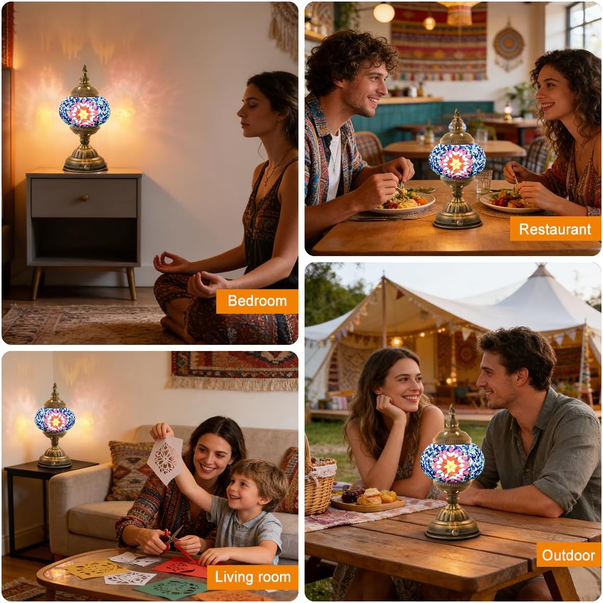 Portable Rechargeable Turkish Bronze Base Table Lamp with 6000mAh Battery, Handmade Moroccan Tiffany Style Colorful Mosaic Glass Night Stand Light Fixture for Living Room Bedroom Decor