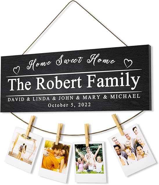 Personalized Housewarming Gifts for New House Wall Decor, Family Name Wood Sign, Hanging Photo Display with Clips, Rustic Multi Picture Collage, Christmas gifts for Mom Dad, Wedding Gifts for Couple