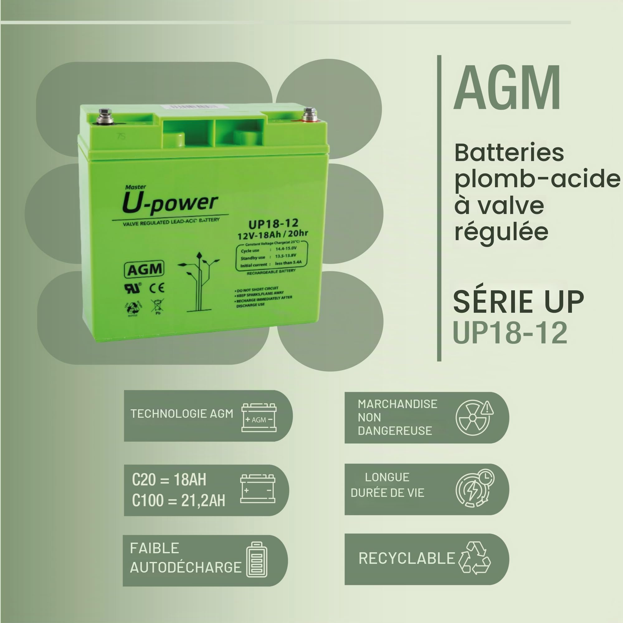 Batería U-Power Plomb AGM 12V 18Ah T6mm (Lot de 2)