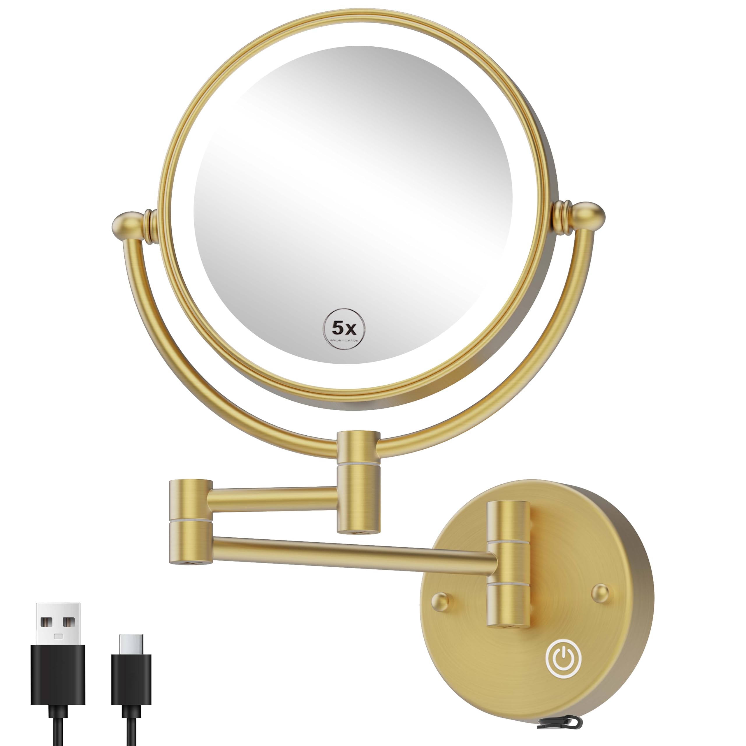 Espejo de maquillaje recargable de latón de 8 pulgadas con luces y aumento 1X/5X, inalámbrico de doble cara de 3 colores, control táctil LED, brazo extendido, rotación de 360 grados para baño