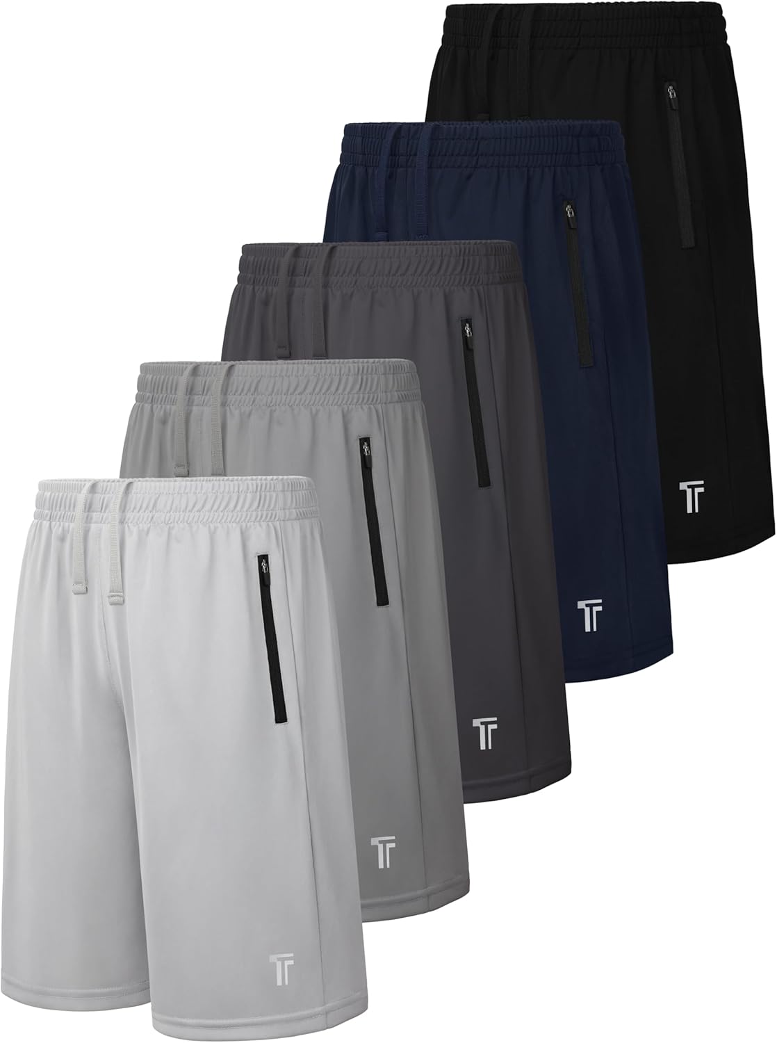 5 Pack Boys Athletic Shorts with Zipper Pockets Basketball Soccer Quick Dry Teen Sport Shorts Elastic Waist