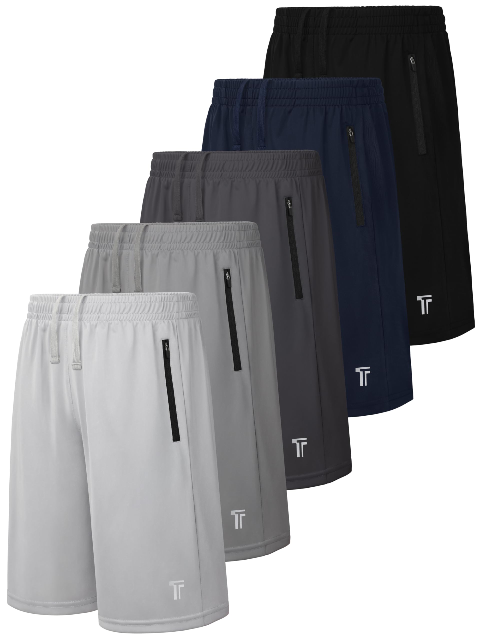 Tuliara 5 Pack Boys Athletic Shorts with Zipper Pockets Basketball Soccer Quick Dry Teen Kids Sport Shorts Elastic Waist