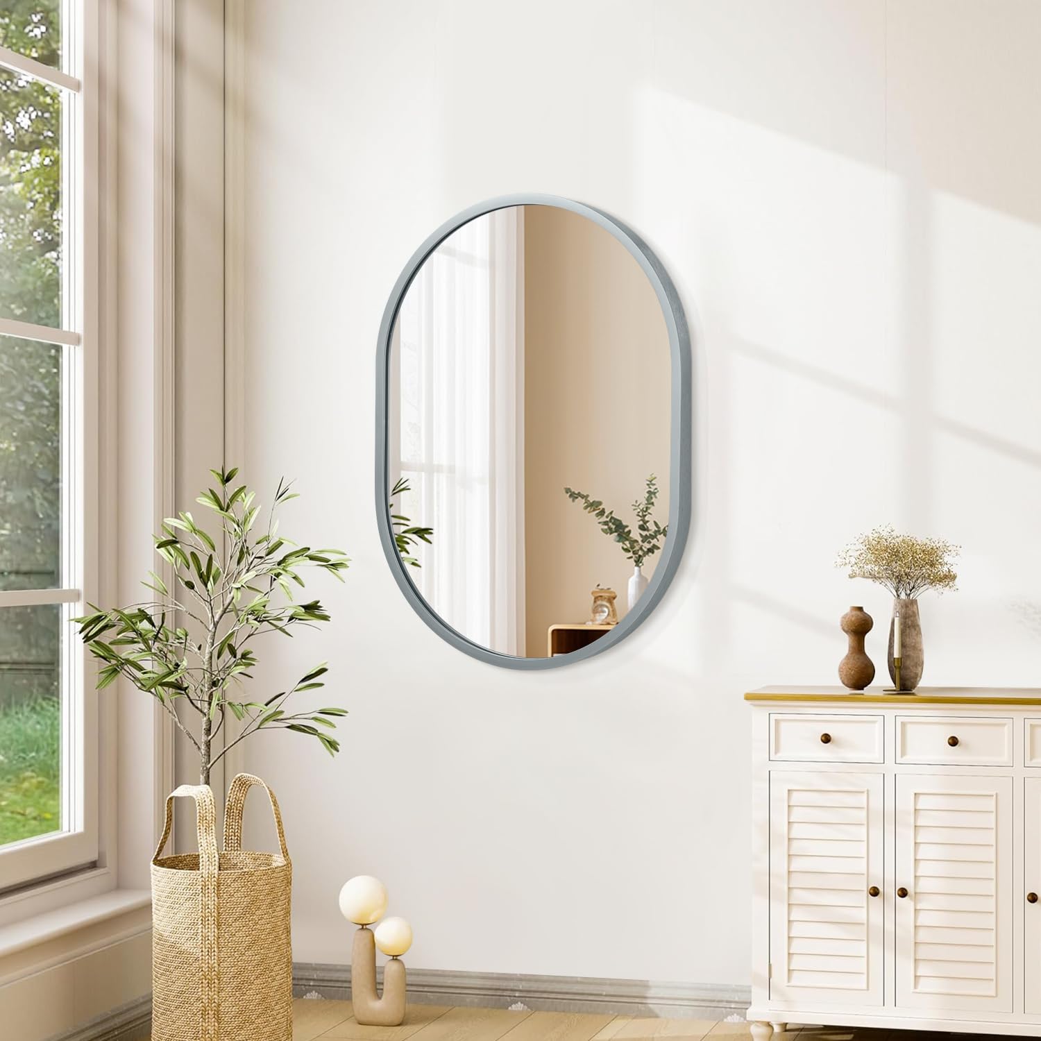 JJUUYOU Oval Wall Mirror with Metal Frame Modern Hanging Mirrors for Wall 65×45 CM Large Aluminum Alloy Frame Mirror Decorative for Bathroom Living Rooms Bedroom Entryway Hallway Gray - Image 3