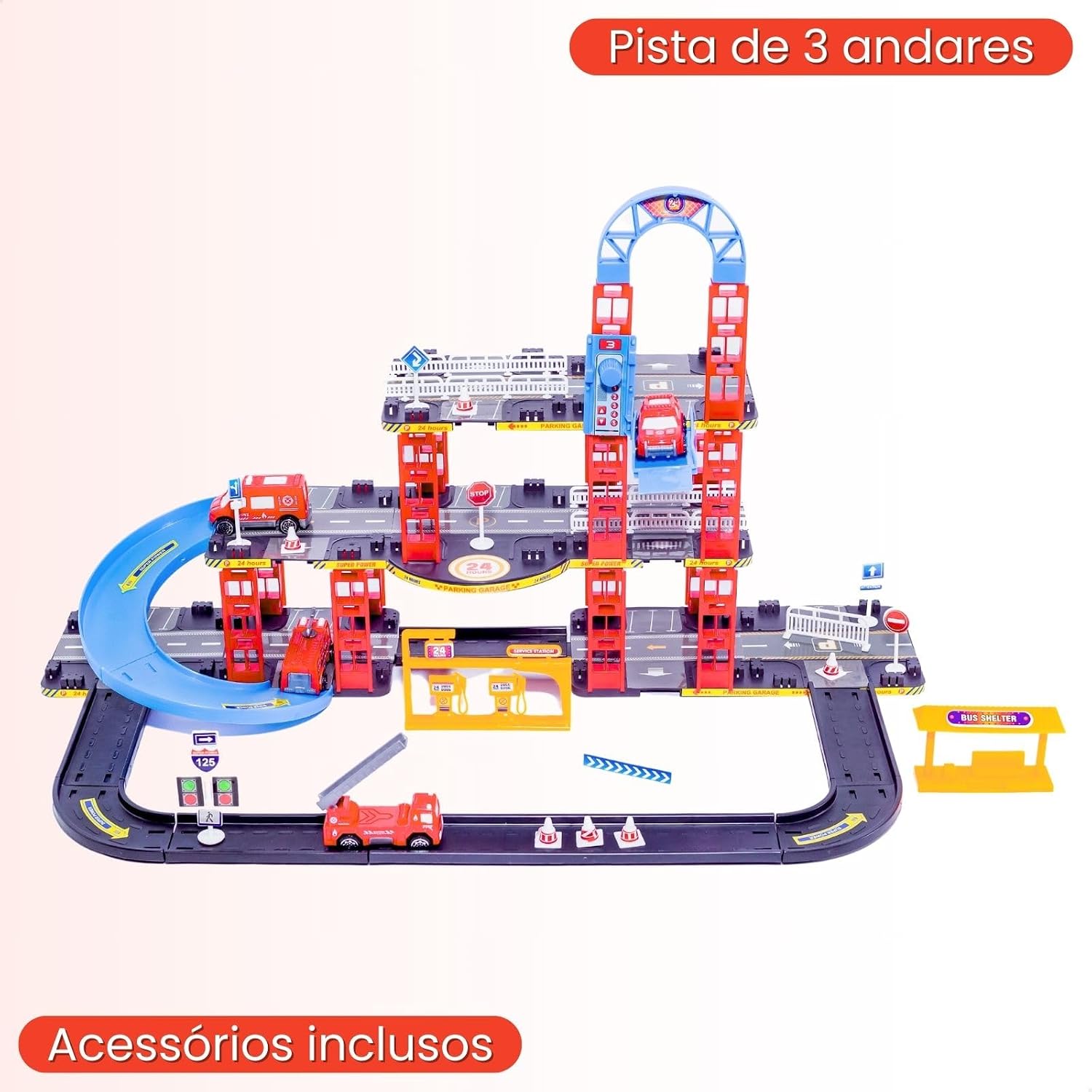 Pista De Carrinhos Bombeiro C/Rampa e Elevador Brinquedo Infantil 3 Andares Acompanha 4 Carrinhos Pista De Carrinhos Bombeiro C/Rampa e Elevador Brinquedo Infantil 3 Andares Acompanha 4 Carrinhos
