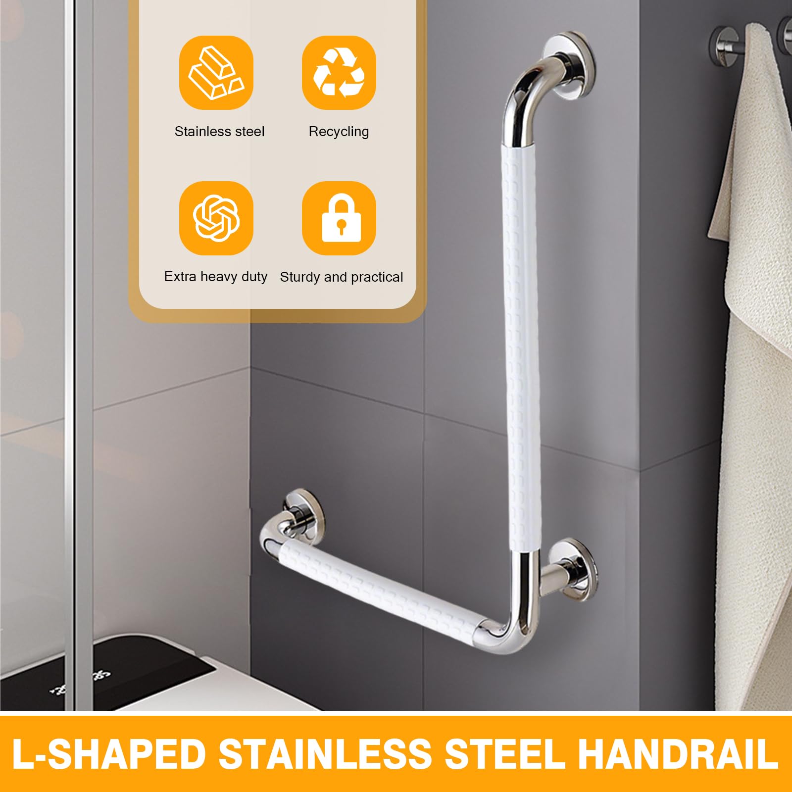 Barre d'appui de douche - En acier inoxydable - 70 x 50 cm - Poignées en forme de L - Angle vertical - Rails de sécurité - Main courante d'angle murale antidérapante - Pour personnes âgées, handicap
