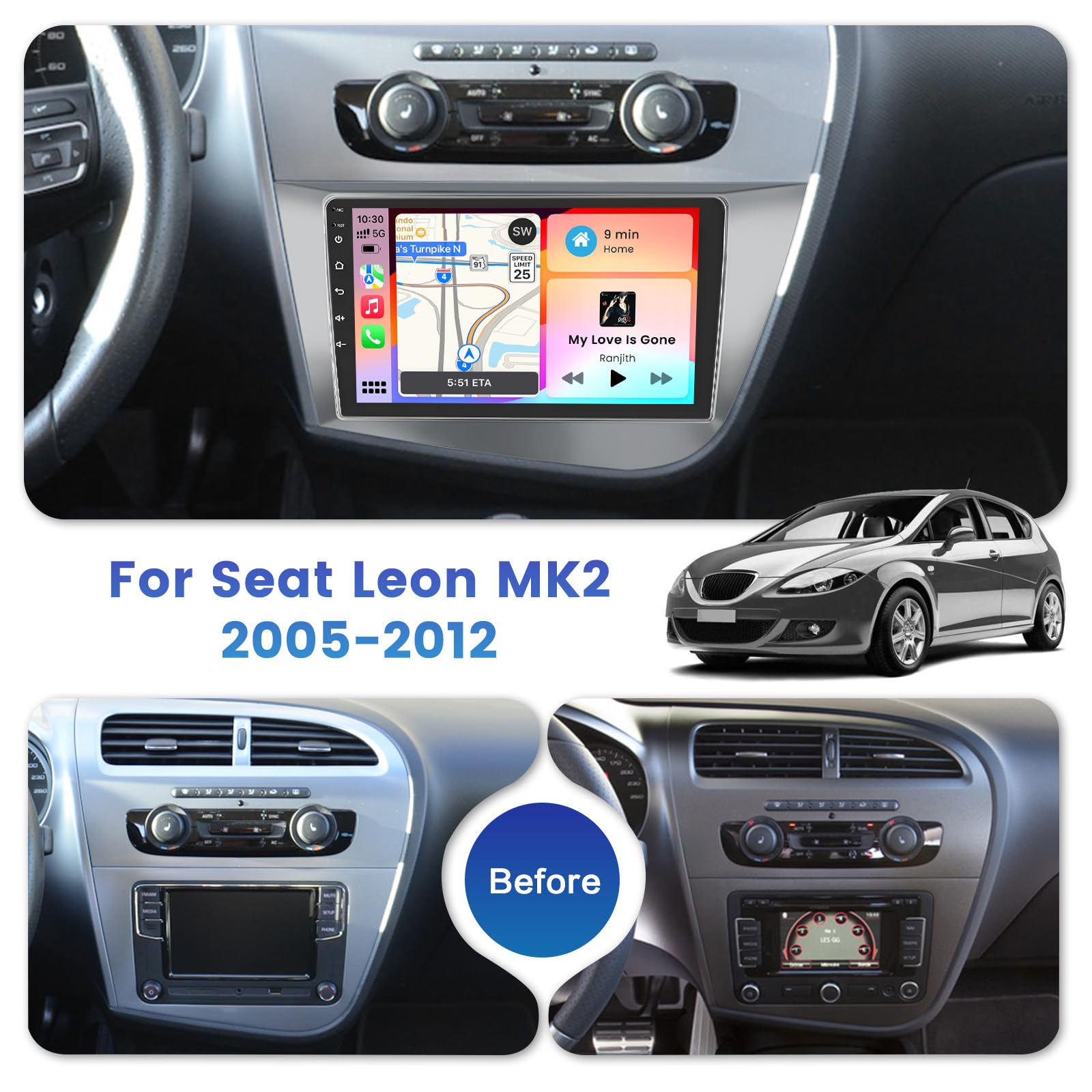 Inefala 2G+64G Android 15 Radio Coche para Seat Leon MK2 2005-2012 con Wireless Carplay Android Auto, 9" Pantalla Autoradio 2 DIN con GPS/WiFi/Bluetooth/RDS/FM/SWC Mic Cámara Visión Trasera