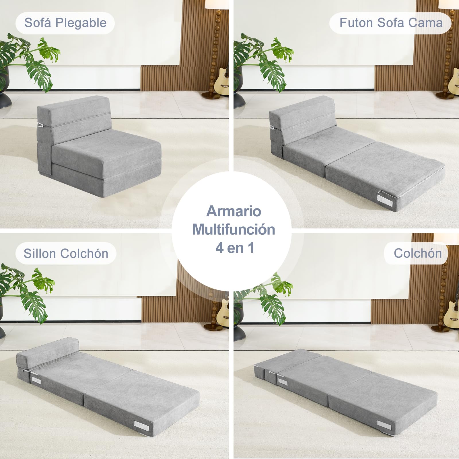 ANONER 70 x 190 cm Sillón Cama Plegable, Sofa Cama Plegable con Espuma de Memoria & Almohada, Colchón de Suelo para Yoga, Oficina, Salón, Futon Sofa Cama Portada Lavable Unos, Gris Claro