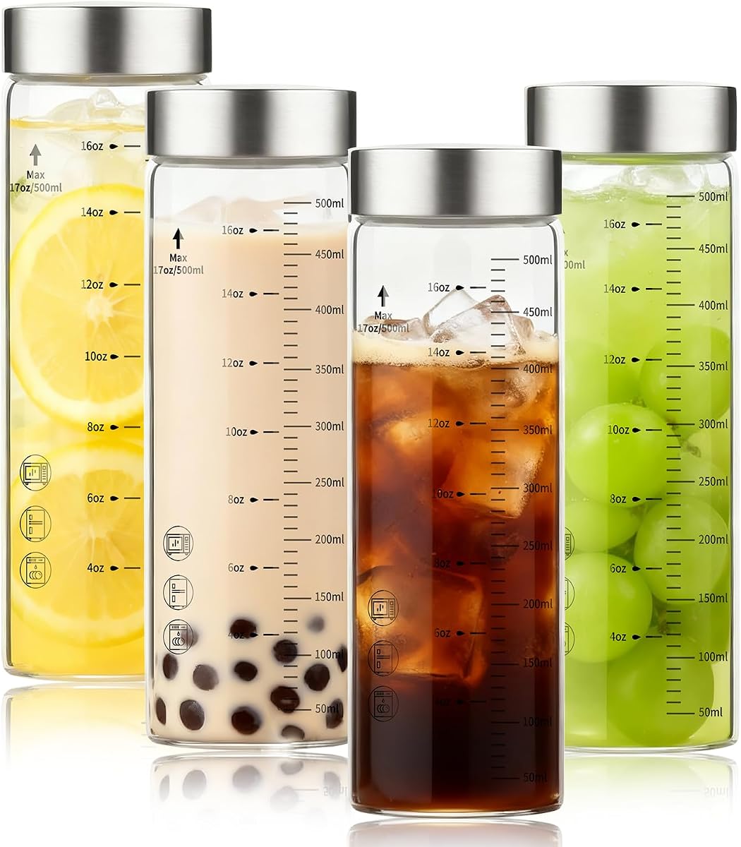 Glass Juice Bottles 16 Oz, Wide Mouth Reusable Clear Glass Water Bottles with Graduations 100% Leak Proof Stainless Steel Lids, BPA Free, Fits in Cup Holder Juice Containers Set of 4