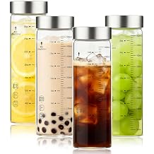 Glass Juice Bottles 16 Oz, Wide Mouth Reusable Clear Glass Water Bottles with Graduations 100% Leak Proof Stainless Steel Lids, BPA Free, Fits in Cup Holder Juice Containers Set of 4
