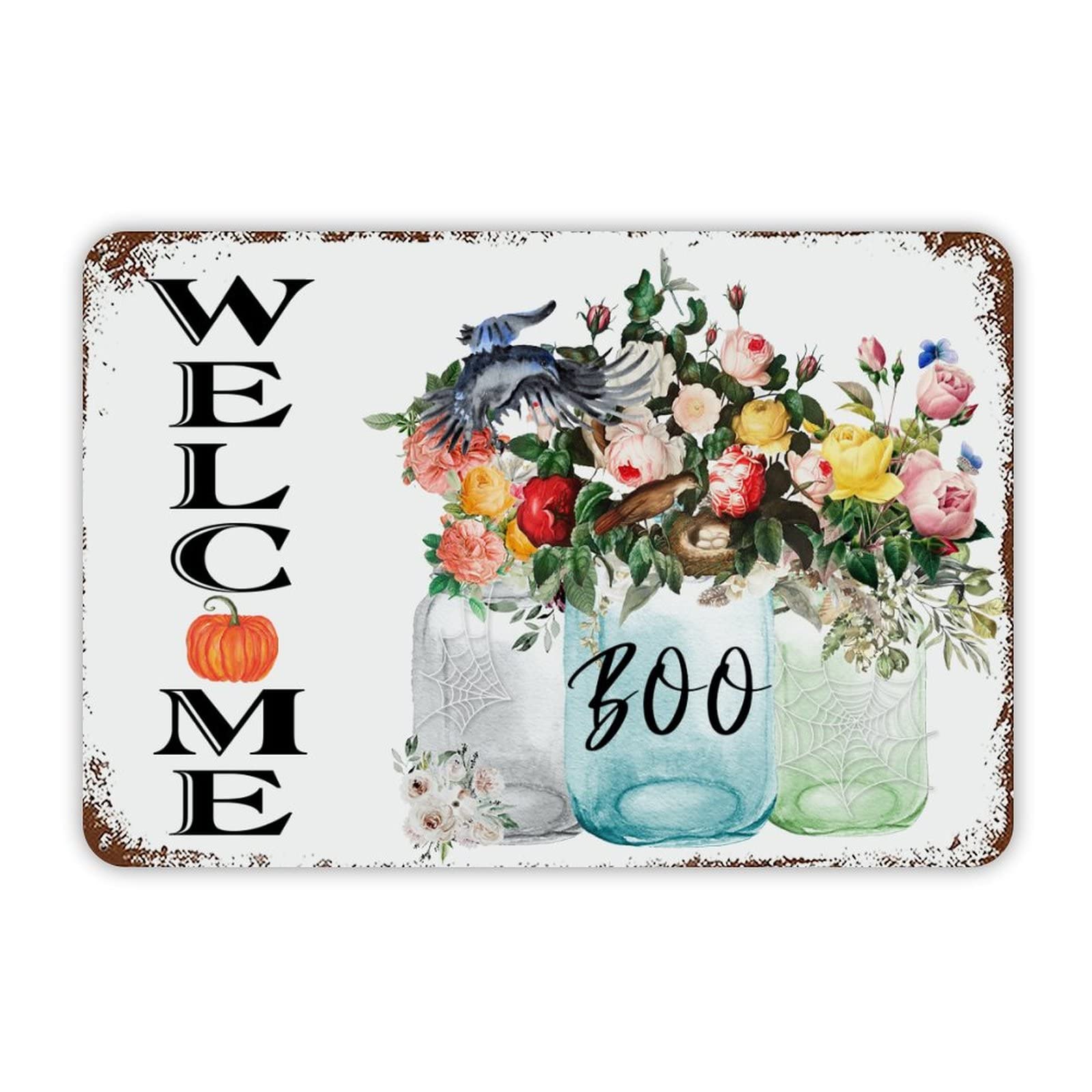 ENEDNATE Welcome Halloween Floral Vase Crow Aluminum Tin Sign 8x12 Inch Waterproof Vintage Metal Sign for School Office Classroom Gate Garage Garden Home Wall Decoration Housewarming Gifts