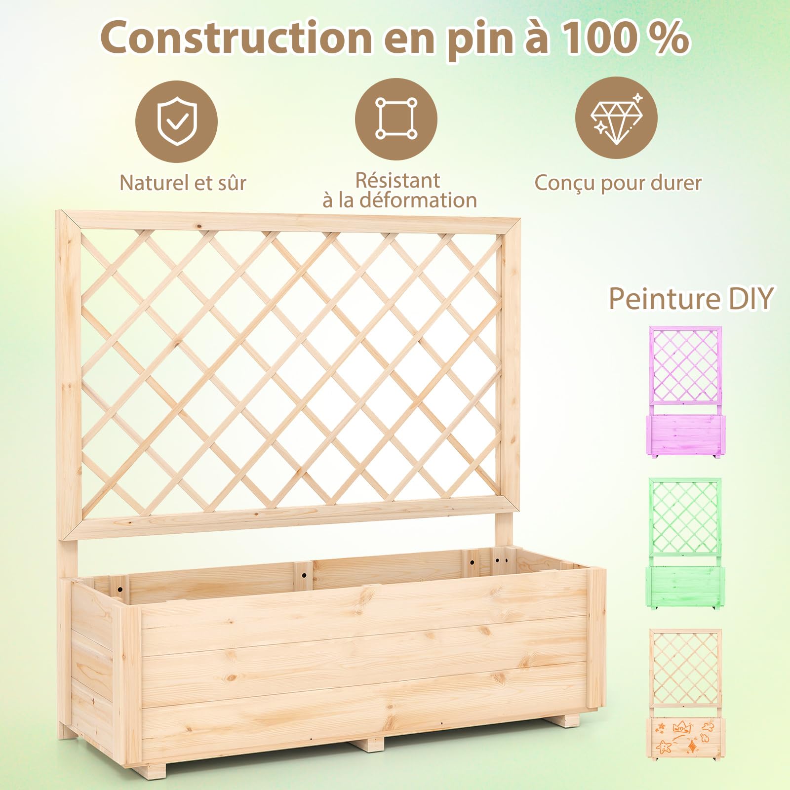 COSTWAY Jardinière Surélevée avec Treillis en Bois de Sapin avec Trou de Drainage, Bac à Fleurs pour Plante Grimpante Vigne, Lit de Jardin Intérieur/Extérieur, Naturel (98 x 35 x 101 cm)