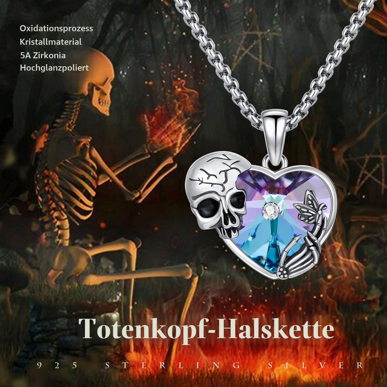 Gothic Anhänger Halskette Sterling Silber Kristall Totenkopf/Voodoo Puppe/Schlange Pentagramm/Rib/Memento Mori Anhänger Goth Schmuck Geschenke für Unisex, mit Edelstahlkette