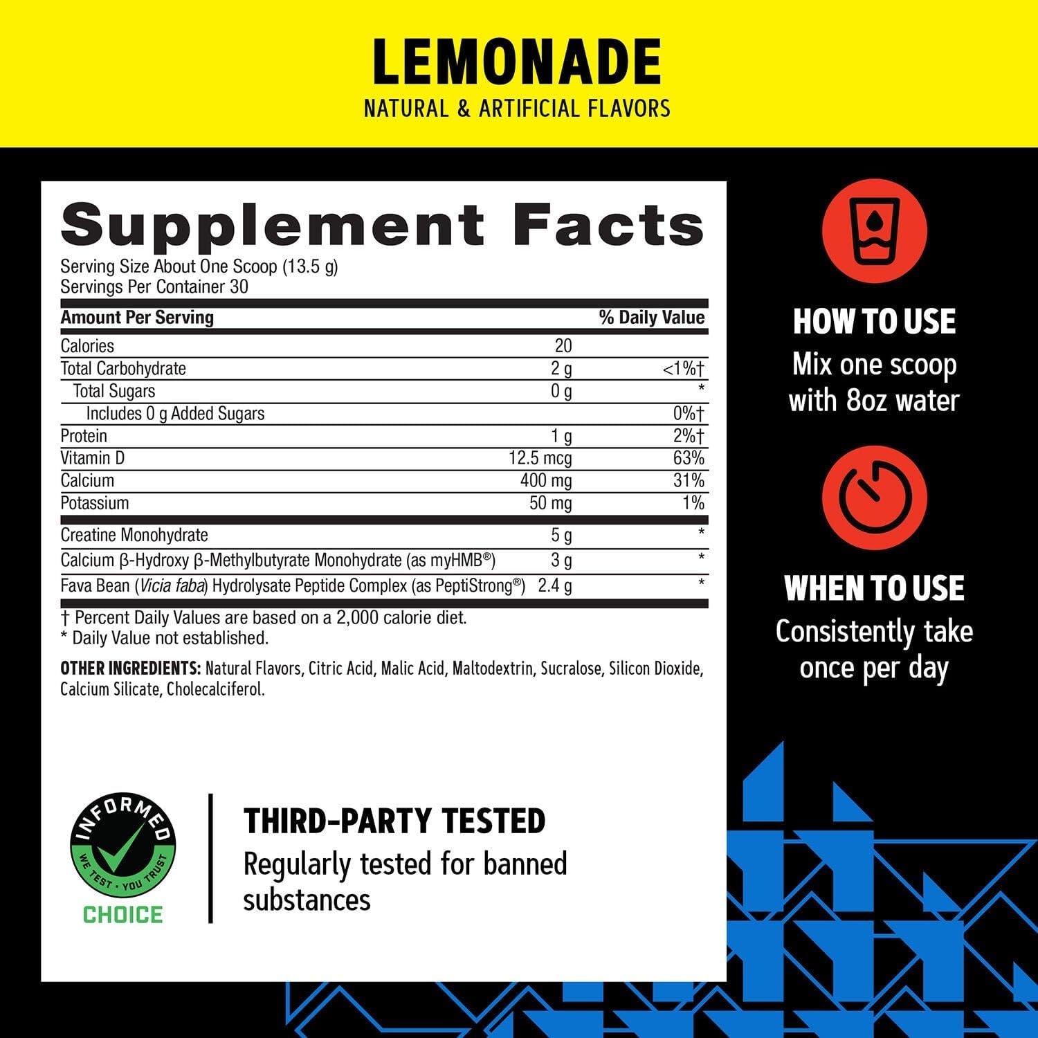 GNC AMP Creabolic - Creatine Monohydrate Powder - High-Potency 5g Creatine with HMB & PeptiStrong - Triple Action Muscle Formula - No Added Sugars - Lemonade - 30 Servings
