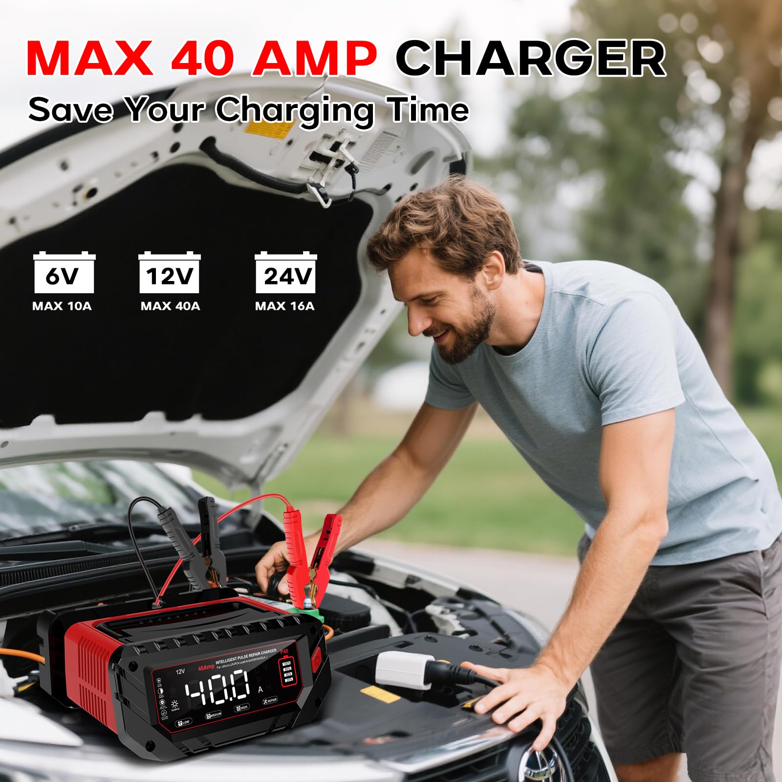 Ładowarka do akumulatora samochodowego 40 A, 6 V/12 V/24 V LiFePO4, ładowarka do samochodów, motocykli, kosiarek, łodzi, litów, LiFePO4 i kwasowo-ołowiowych (AGM, żelowy, MF, EFB, SLA, VRLA, VRLA