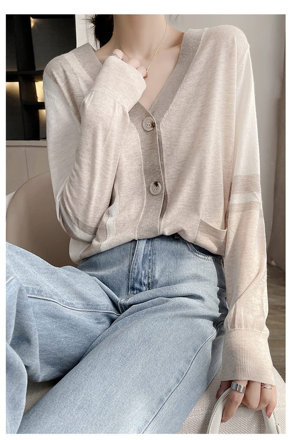 EIBA Chaqueta De Punto Mujer,Cárdigans De Punto para Mujer Moda Marrón Claro Color De Contraste Botón con Cuello En V Manga Larga Suéteres Delanteros Abiertos Cárdigan Otoño Elegante Chaqueta De AB