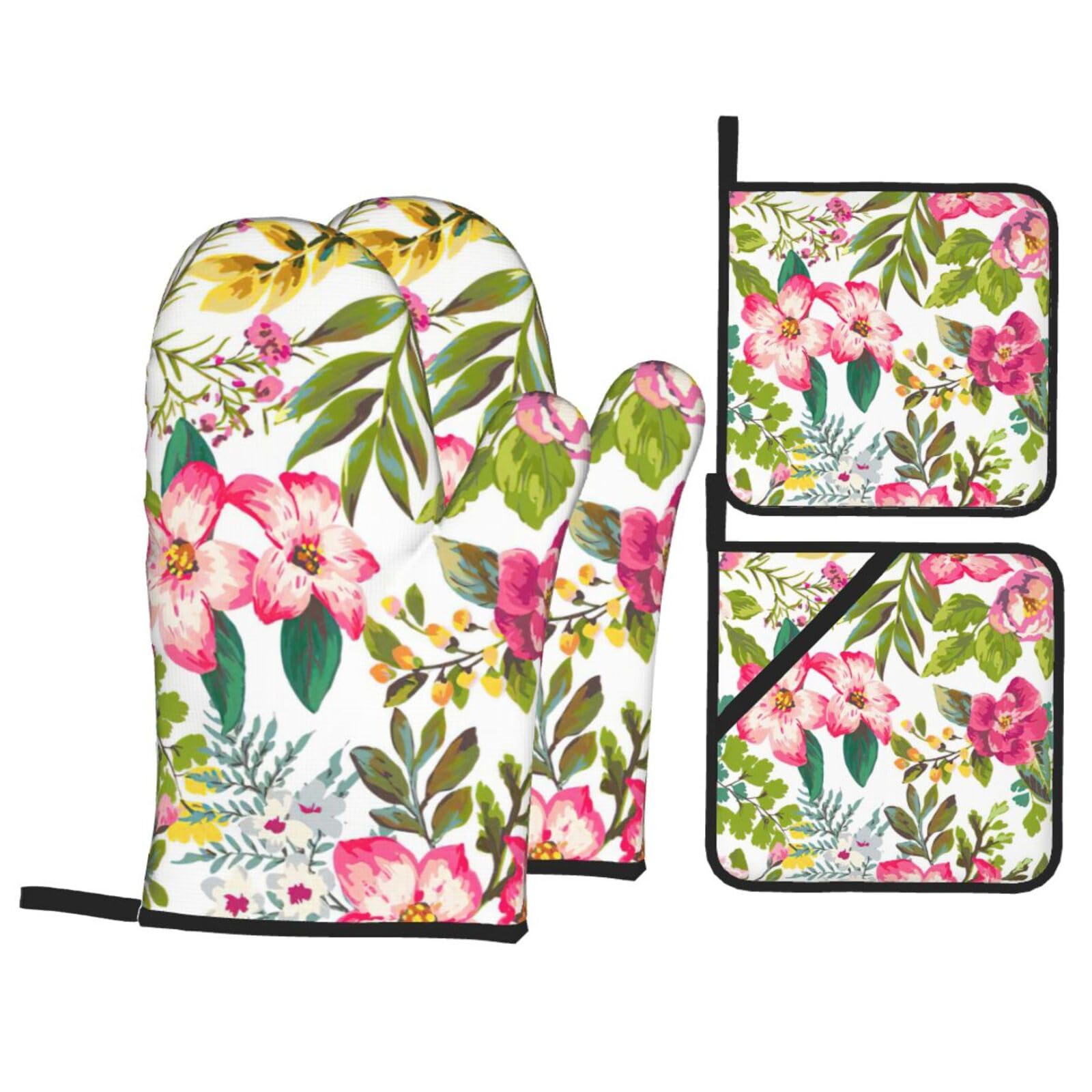 Hibiscus Flowers Print Stylish 4-Piece Microwaving Oven Waterproof Kitchen Gloves Baking Holiday Cooking