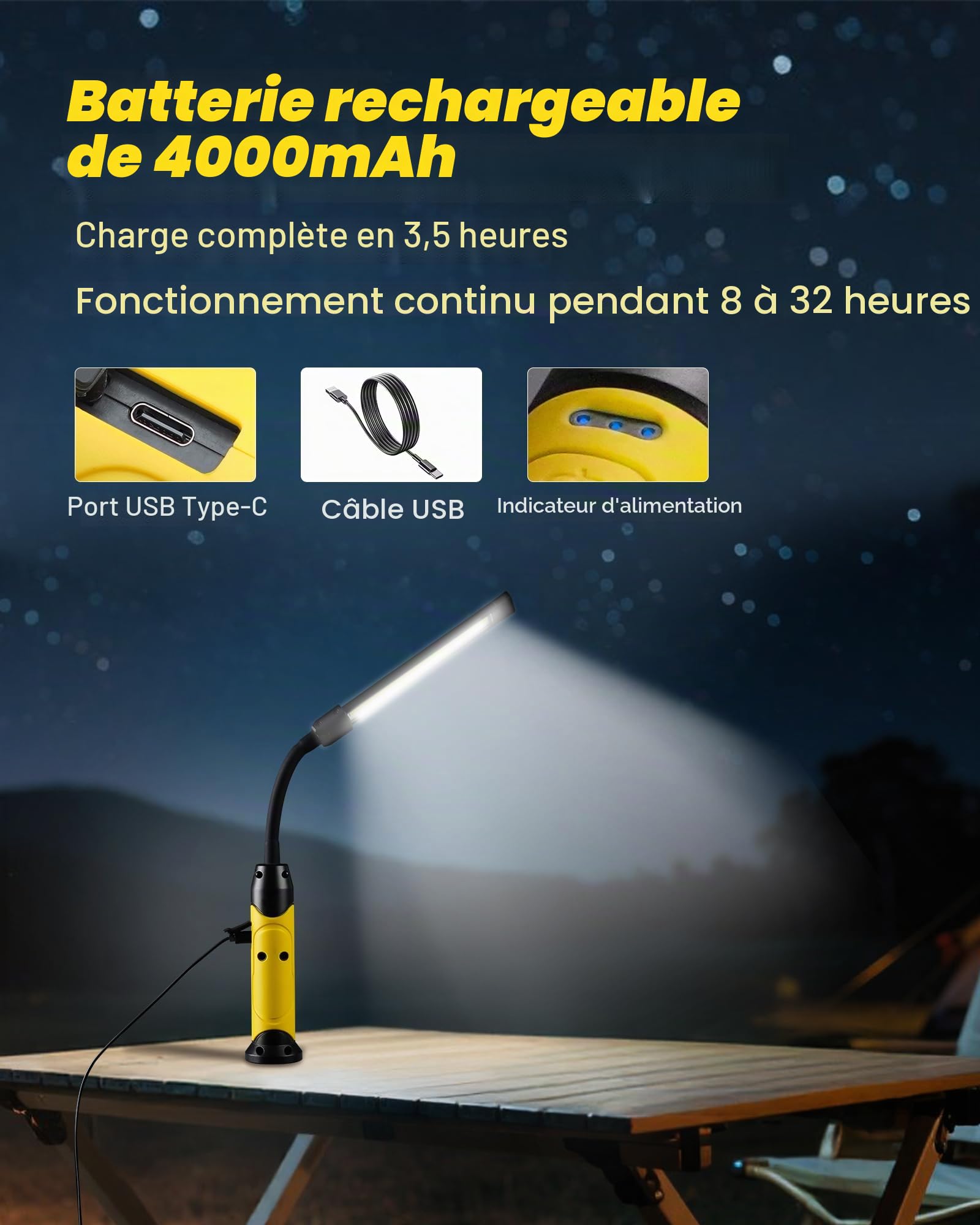 Lampe de Travail LED Rechargeable, 1000 Lumens 2 Modes Baladeuse LED Lampe Atelier avec Bases Magnétiques, 360° Flexible Lampe de Poche pour Garage, Camping, d'urgence, etc