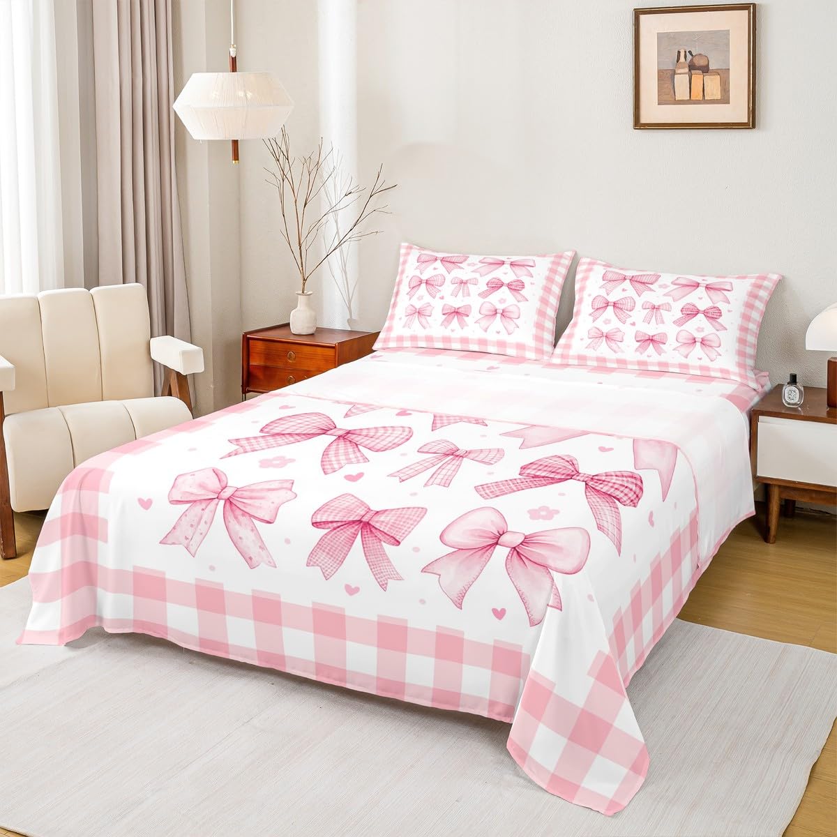 Homewish Juego de sábanas con lazo rosa para niñas, juego de sábanas con lazo floral | Lindo juego de ropa de cama de búfalo a cuadros con lazo - Sábanas bajeras bajeras planas de princesa para niñas