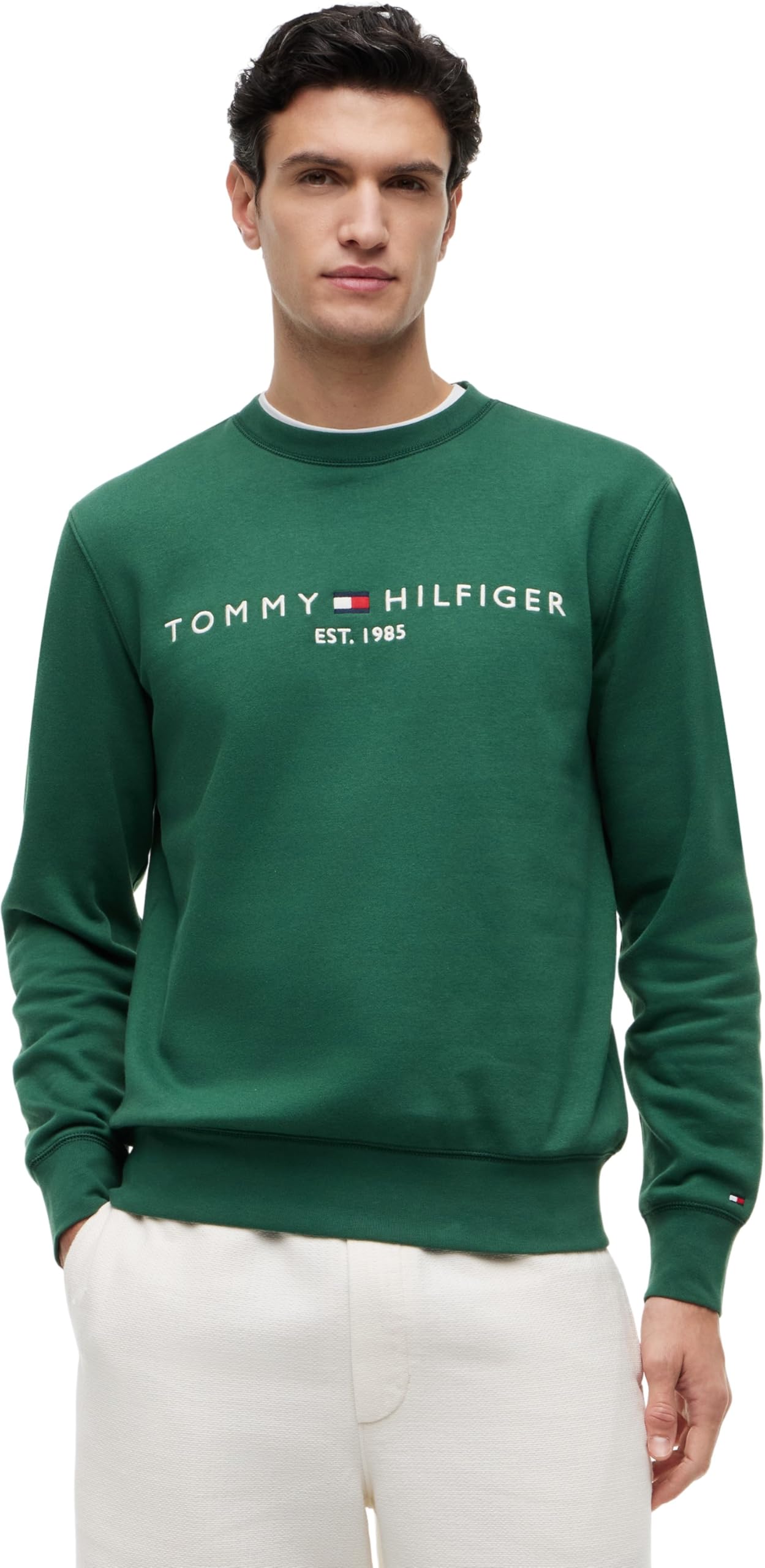 Tommy Hilfiger Herren Sweatshirt Tommy Logo ohne Kapuze, Grün (Street Green), S