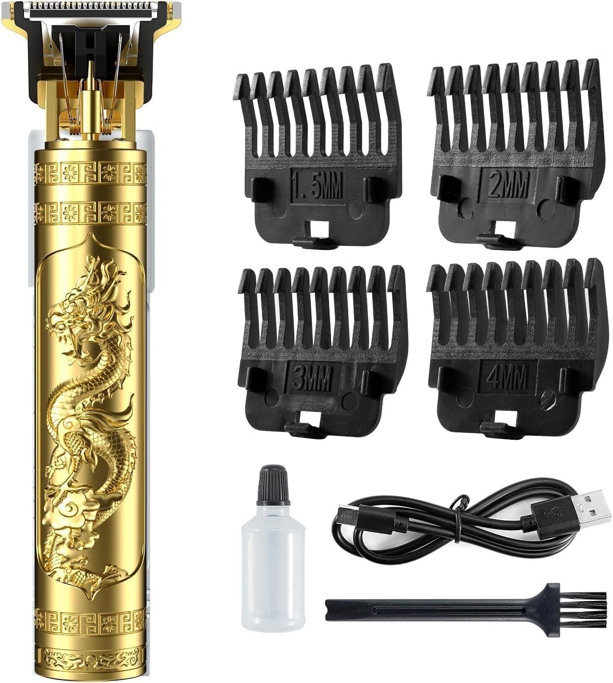 Professional Hair Trimmer with Dragon Design, Gold, 4 Guide Combs, USB Charging, for Beard and Body Hair-image-43