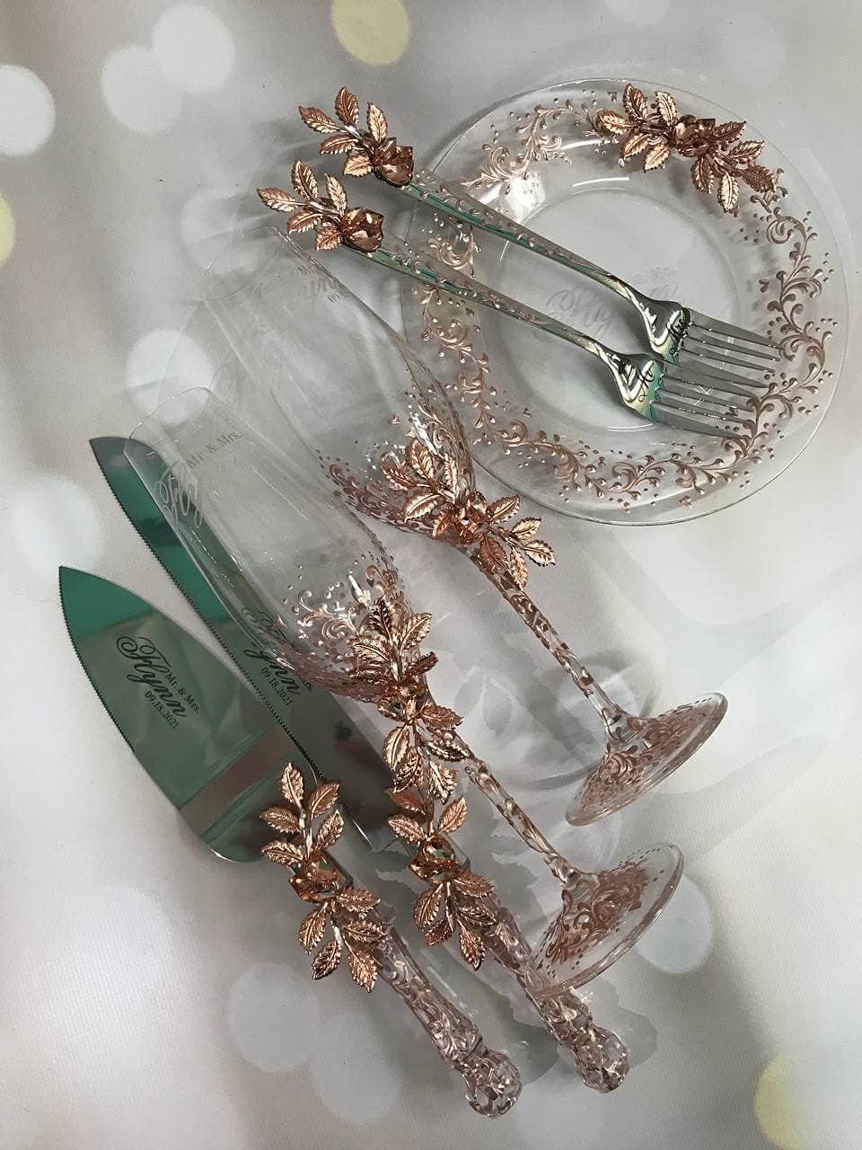 Filigree Wedding Decor Rose Gold/Wedding Flutes and Cake Server Sets/Wedding Cake Plate and Fork Set - 7 pcs