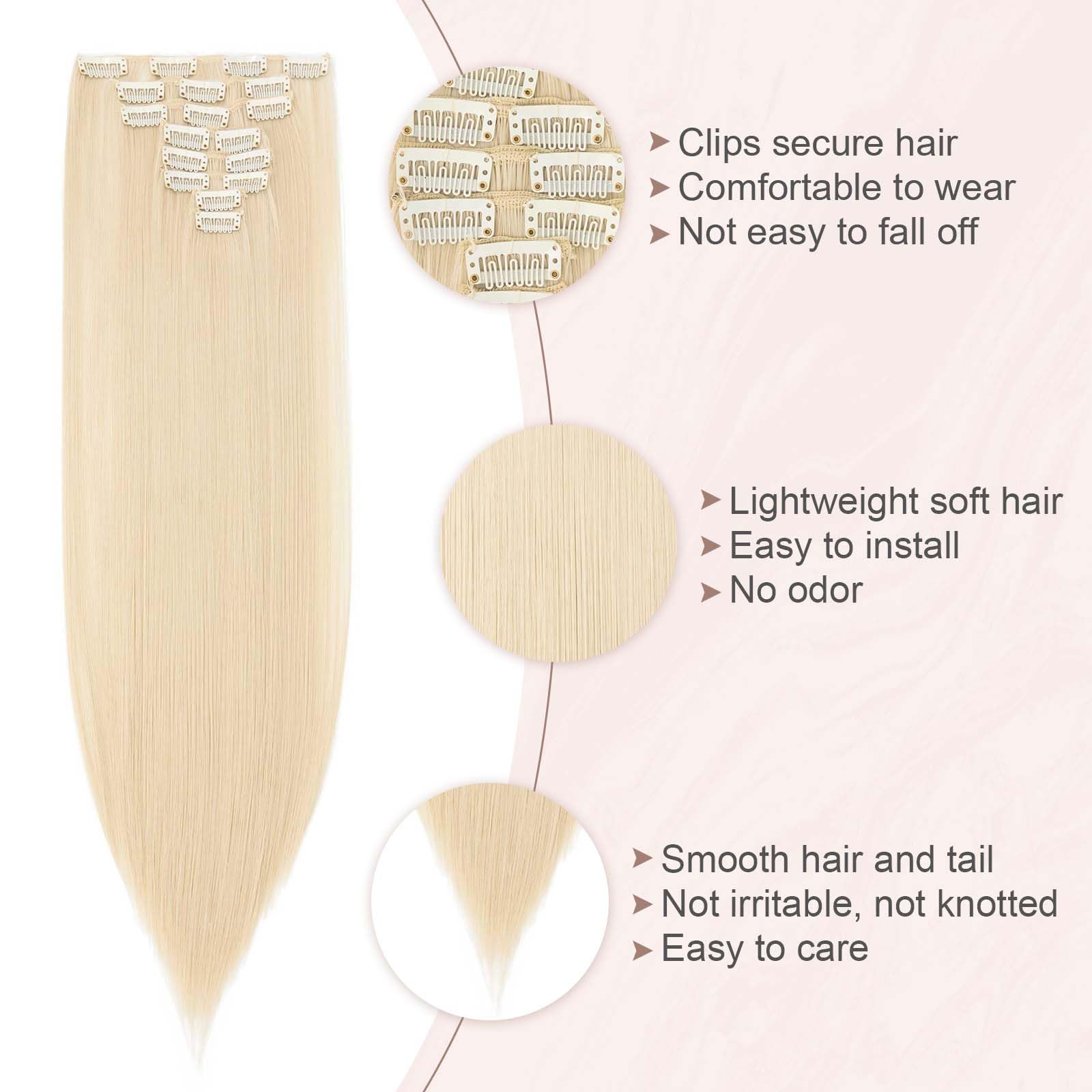 SEGOHAIR Hair Extensions Clip in 8Pcs 18 Clips Synthetic Fiber Seamless 26" Long Straight Full Head - Bleach Blonde - Image 4