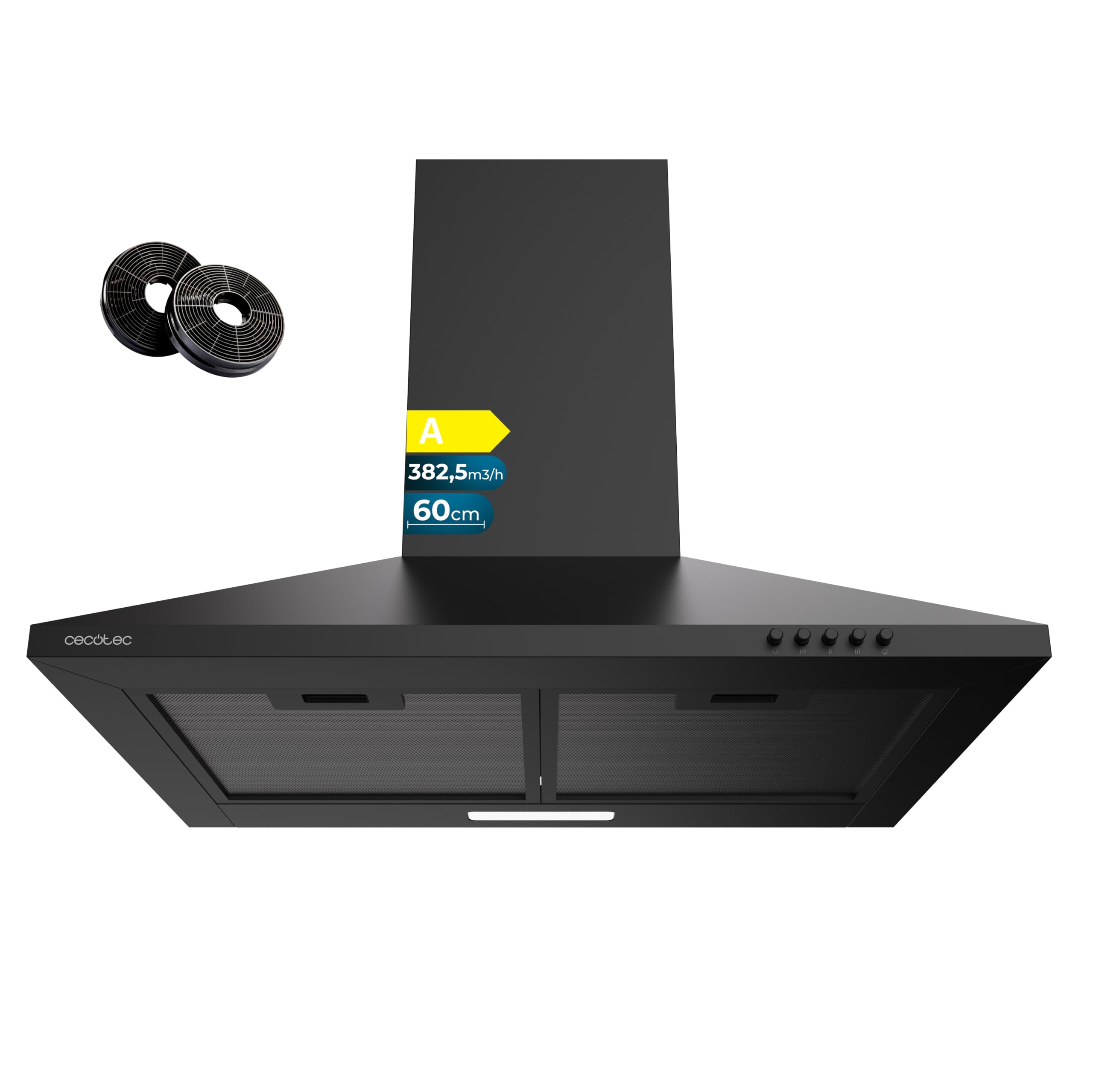 Cecotec Campana Extractora Piramidal 60 cm Bolero Flux PM 604000 Black A. Acabado Pintado Negro, Succión 382,5 m³/h, 3 Velocidades, Filtros de Carbono Incluidos, Clase A, Motor BLDC y Luz LED