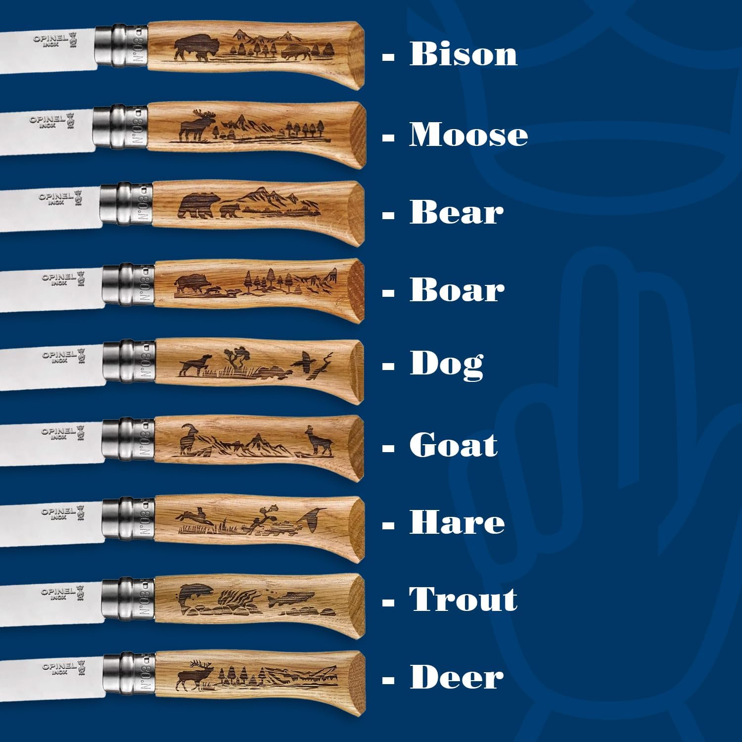 Opinel No. 8 Engraved Oak Handle Folding Knife, Animalia Collection, Stainless Steel Blade, Made in France