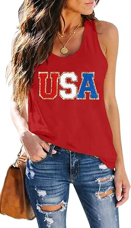 MEESHEEP American Flag Tank Top Women USA Star Sequin Sleeveless Tee Patriotic Shirt 4th of July Summer Vest Top